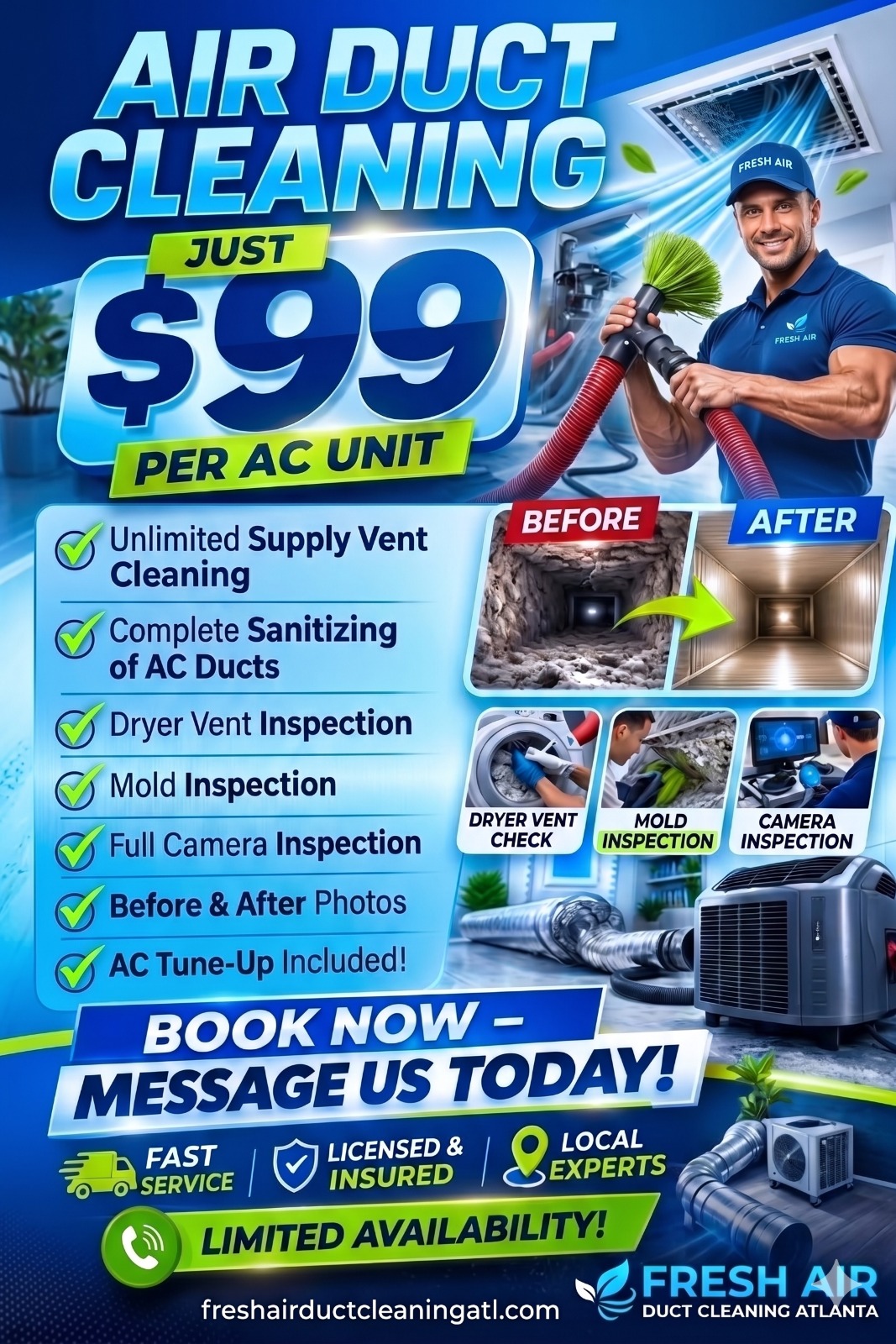 Fresh Air Ducts Cleaning Facebook ad: AIR DUCT CLEANING FOR JUST $99