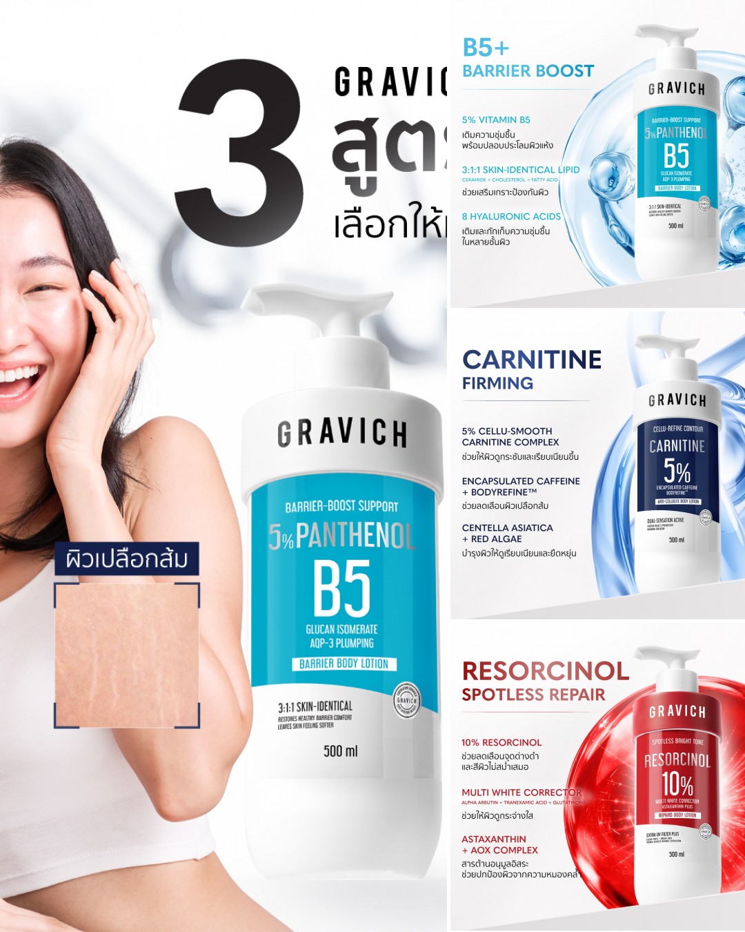 Gravich Facebook ad: 3 สูตรใหม่ ดูแลครบทุกปัญหาผิวกาย เลือกให้ตรงกับปัญหาของคุณ