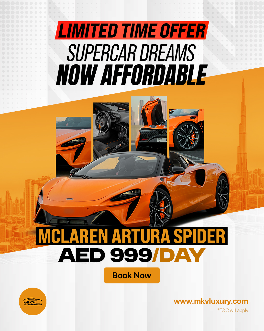 MKV Luxury Car Rental Dubai Facebook ad: Luxury & supercars from AED 999/day.