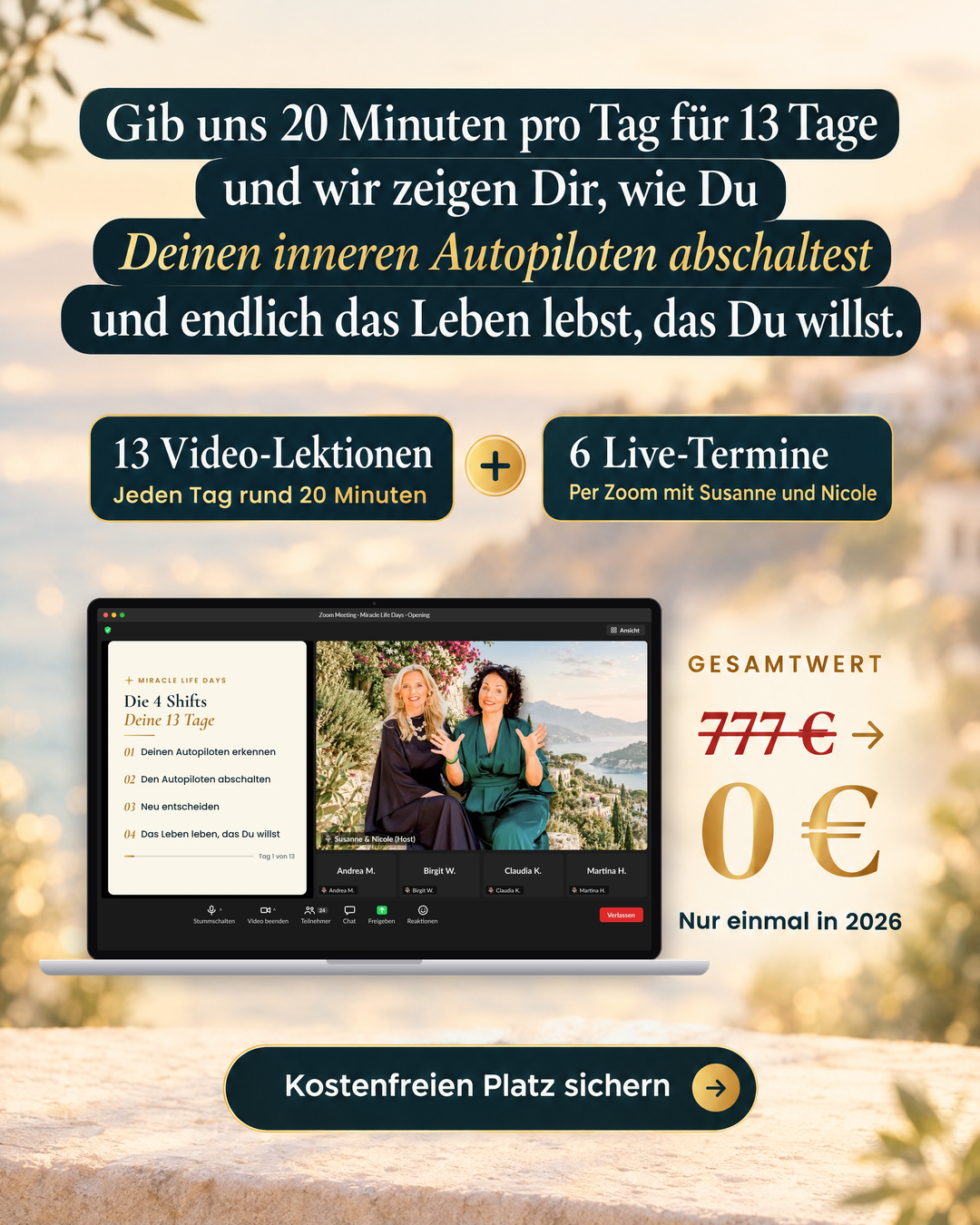 Susanne & Nicole Facebook ad: Kostenfreier Online-Kurs zum Leben, das Du wirklich willst