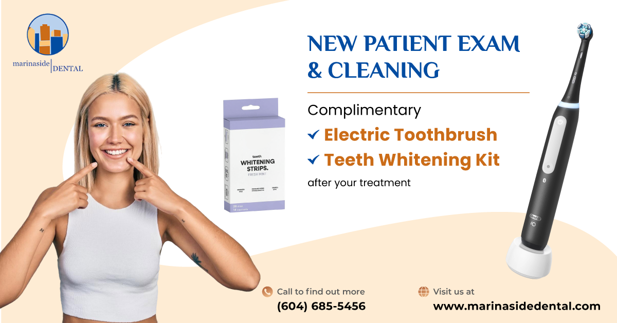 Marinaside Dental Facebook ad: Your visit includes: • Teeth cleaning & polishing •…