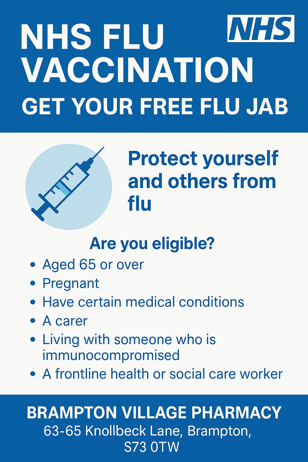 Brampton Village Pharmacy Facebook ad: Get Your FREE NHS Flu Jab at Brampton…