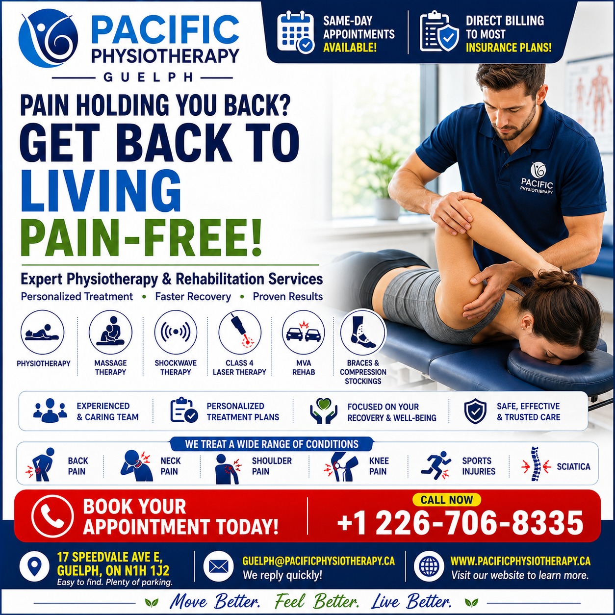 Pacific Physiotherapy - Guelph Facebook ad: Pain Relief Starts Here | Same-Day Appointments