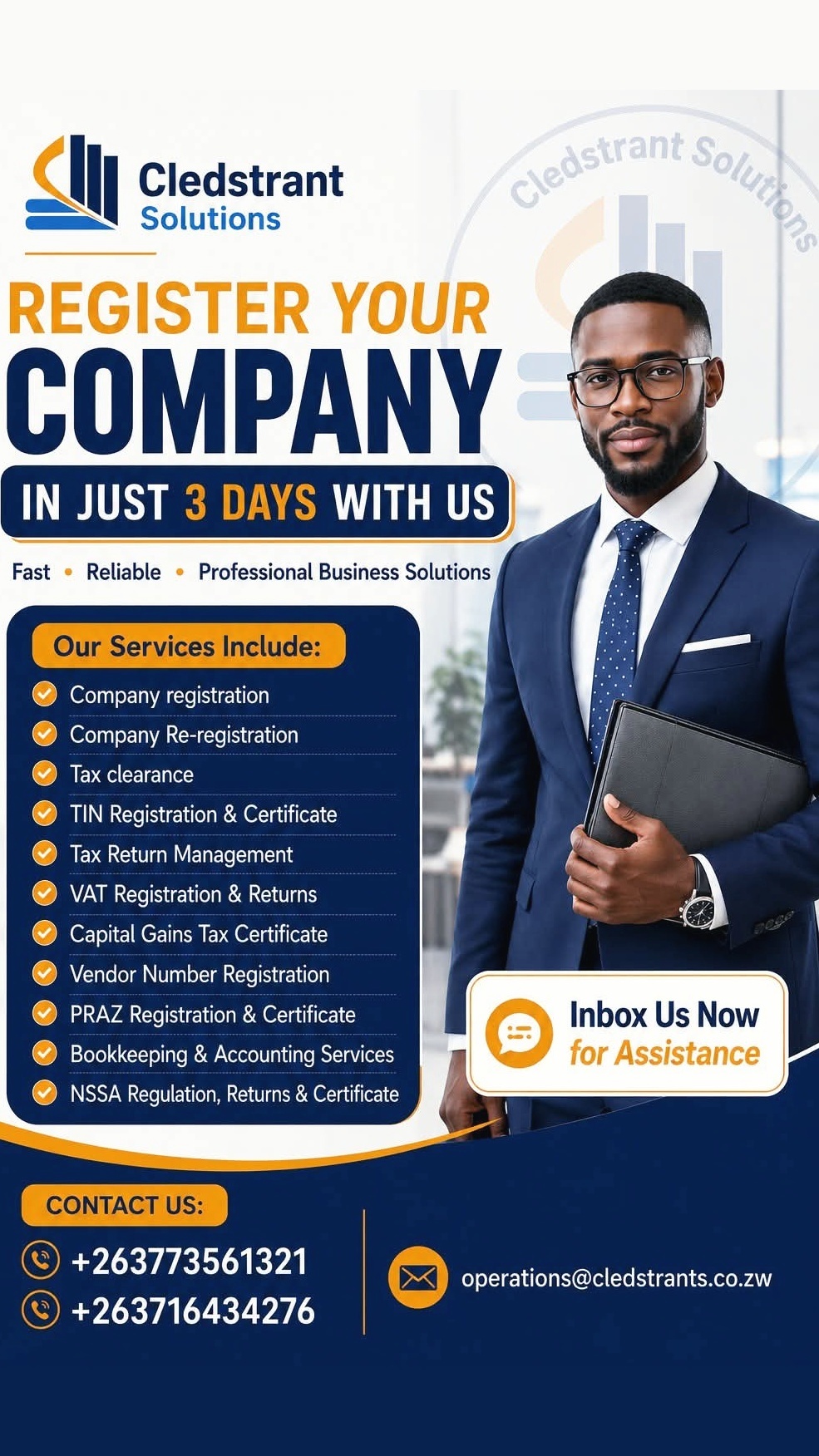 Cledstrant Solutions Facebook ad: Company registration, tax clearance, PRAZ, VAT…