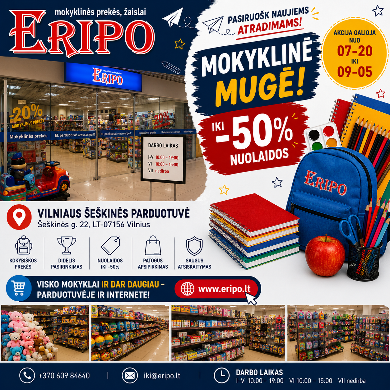 Eripo - mokyklinės prekės, žaislai Facebook ad: ERIPO Šeškinė Mokyklinė mugė | Iki -50 %