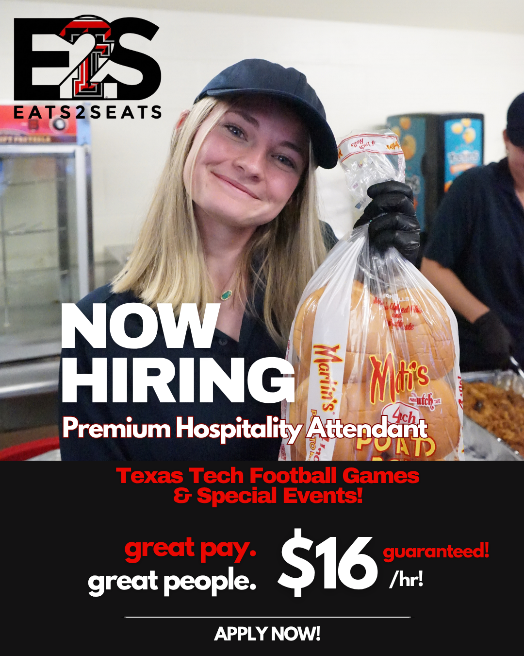 Eats2Seats Facebook ad: Now Hiring!: Texas Tech Premium Event Hospitality