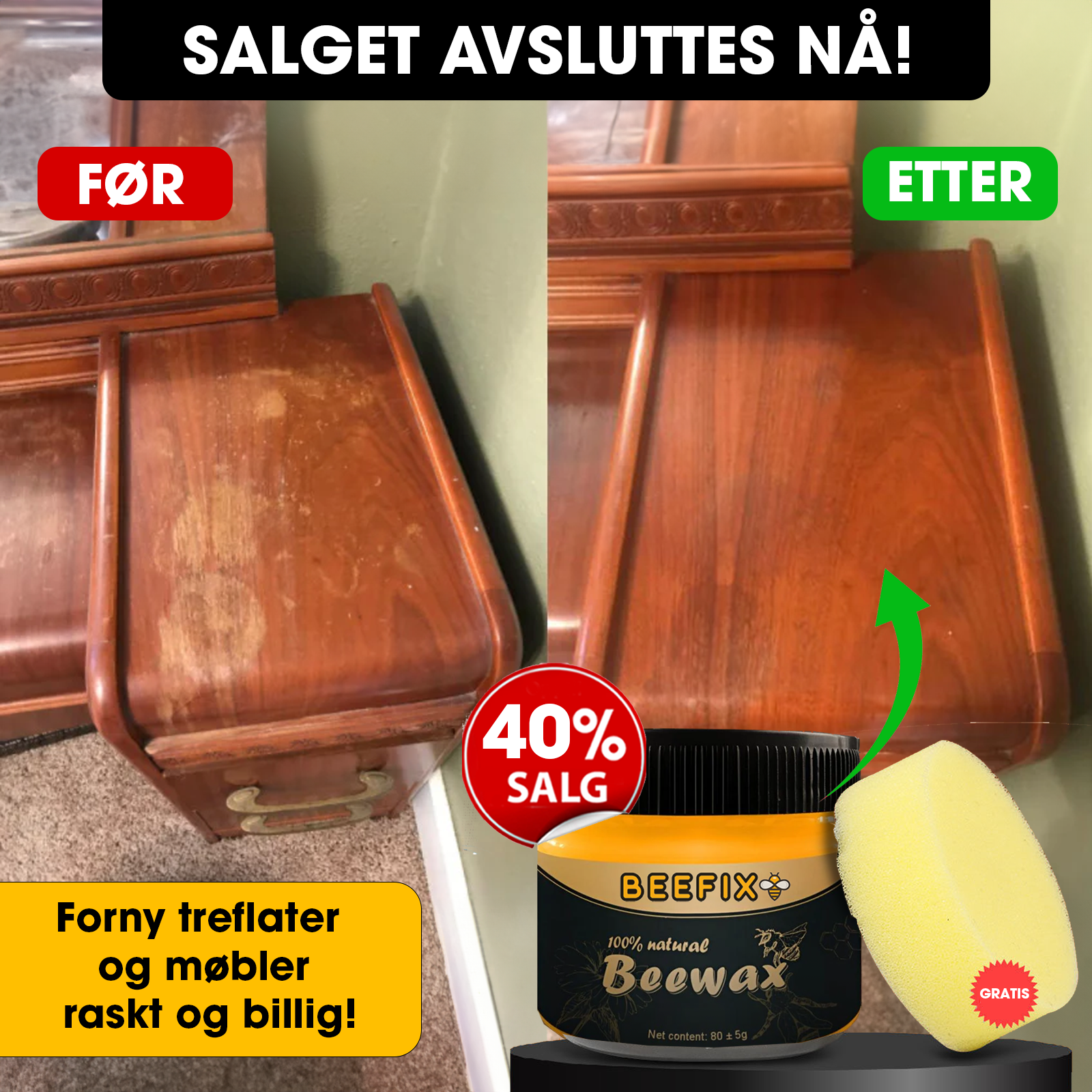 BeeFix Facebook ad: Forny tremøblene dine på sekunder med BeeFIX, 40% rabatt i…