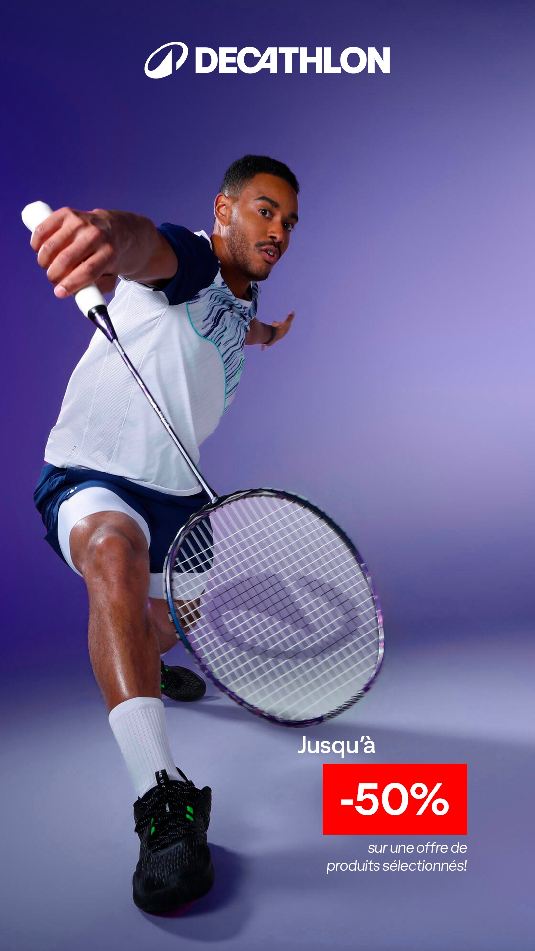 Decathlon - Badminton Facebook ad: Jusqu'à -50% sur le Badminton chez Decathlon
