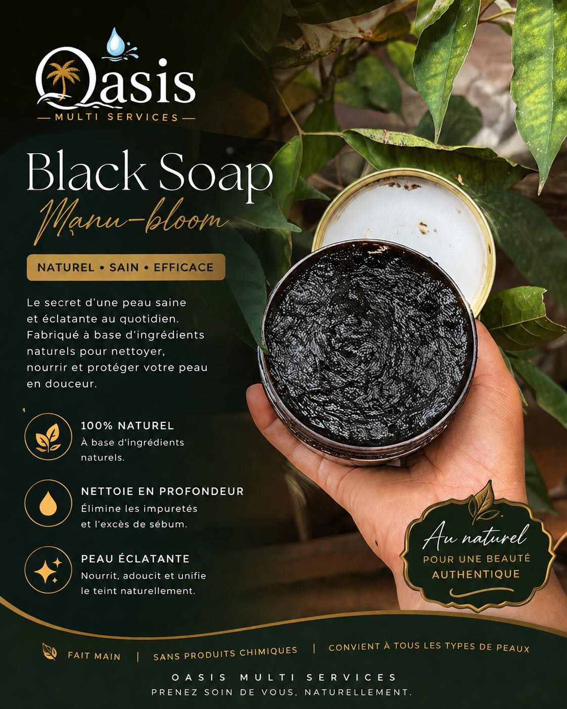 Oasis multi-service Facebook ad: Découvrez notre Black Soap Naturel