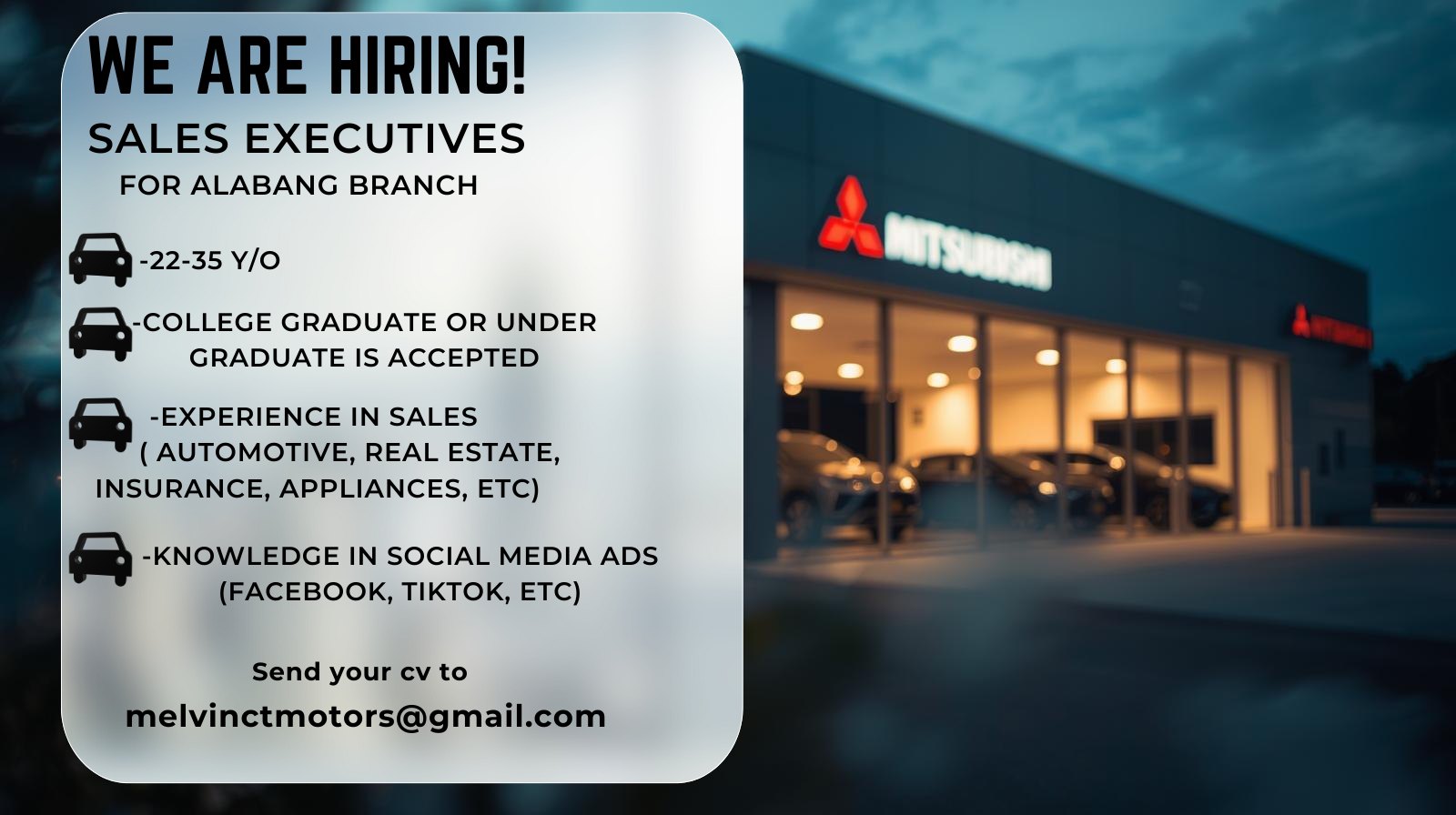 Citimotors Group - Mitsubishi Alabang Sales Facebook ad: Hiring! Sales Executive