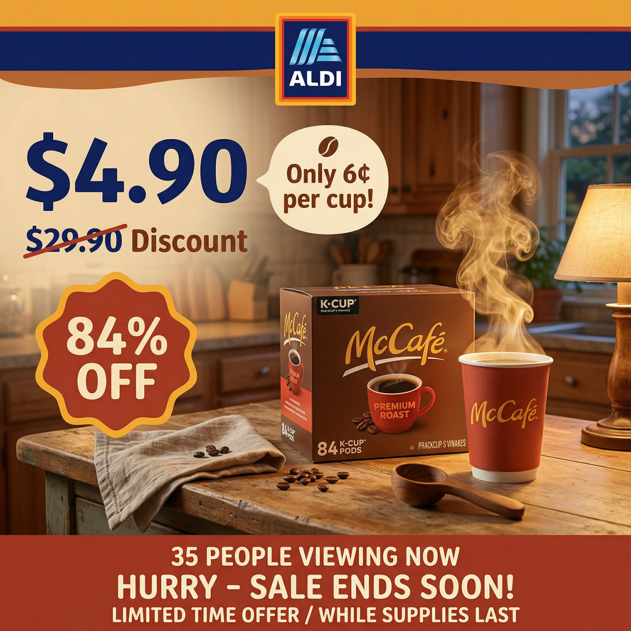 Simply ALDI Deals Facebook ad: 84% OFF McCafé Premium Roast, ALDI Quality Guaranteed!
