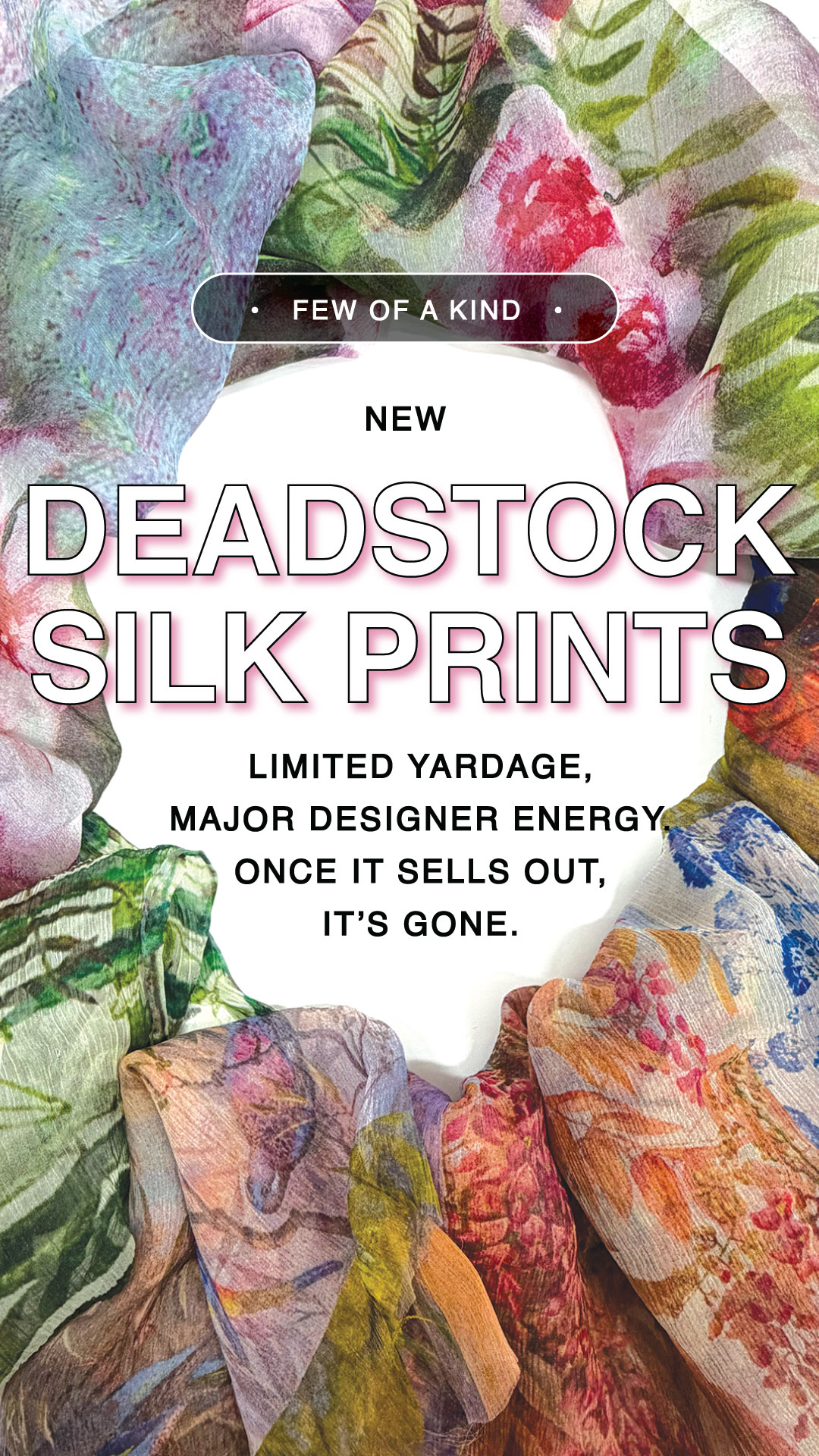 Mood Designer Fabrics Facebook ad: Deadstock Silk Prints