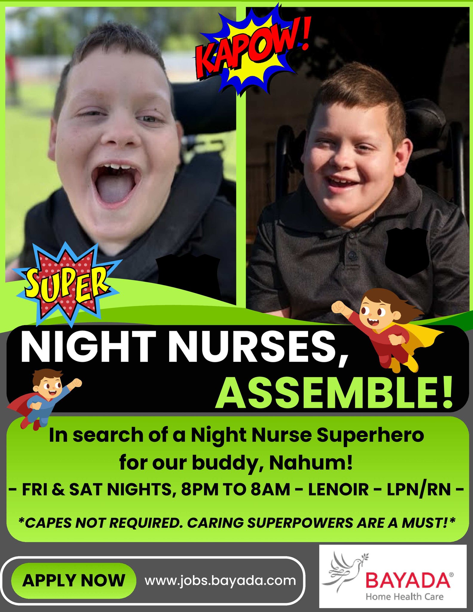 BAYADA Home Health Care, Hickory, NC Facebook ad: CALLING ALL NIGHT NURSE SUPERHEROES!