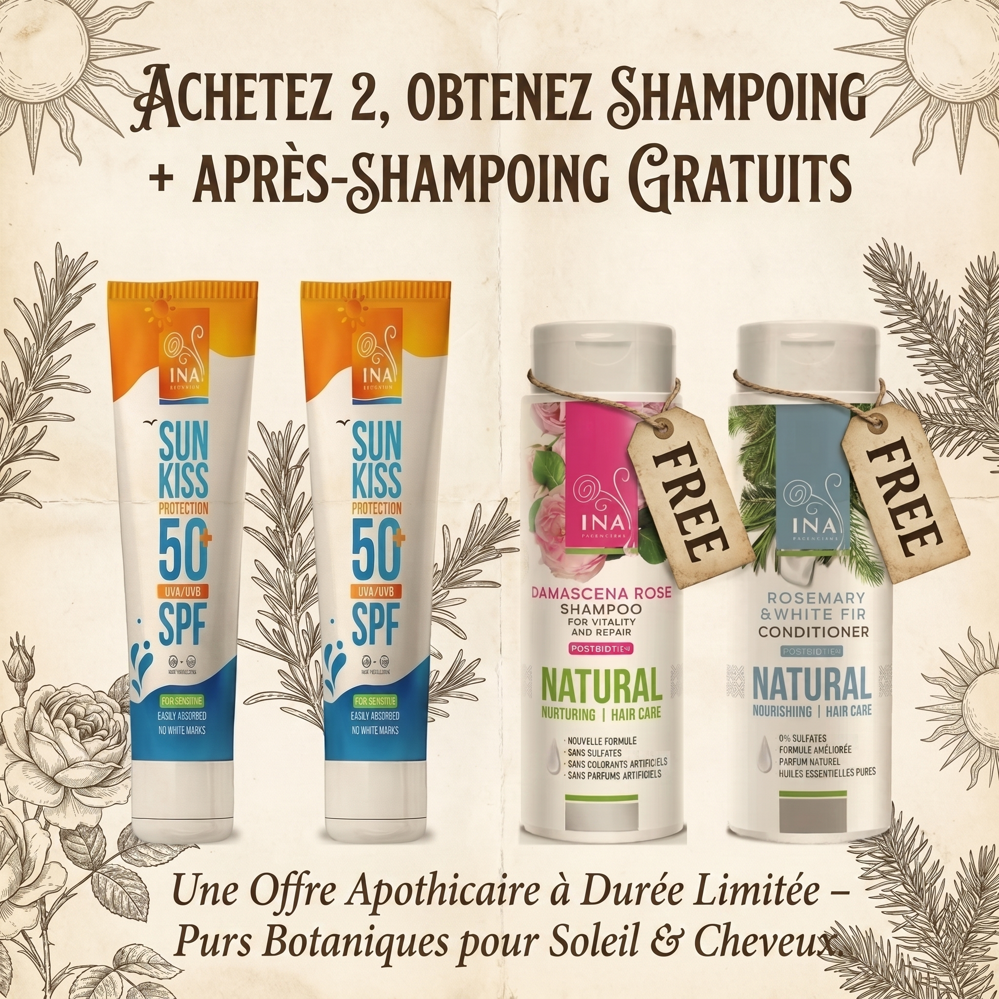 InaEssentials - Entreprise Familiale de Cosmétiques BIO Facebook ad: 2 SPF 50+ achetés, shampooing et après-shampooing offerts