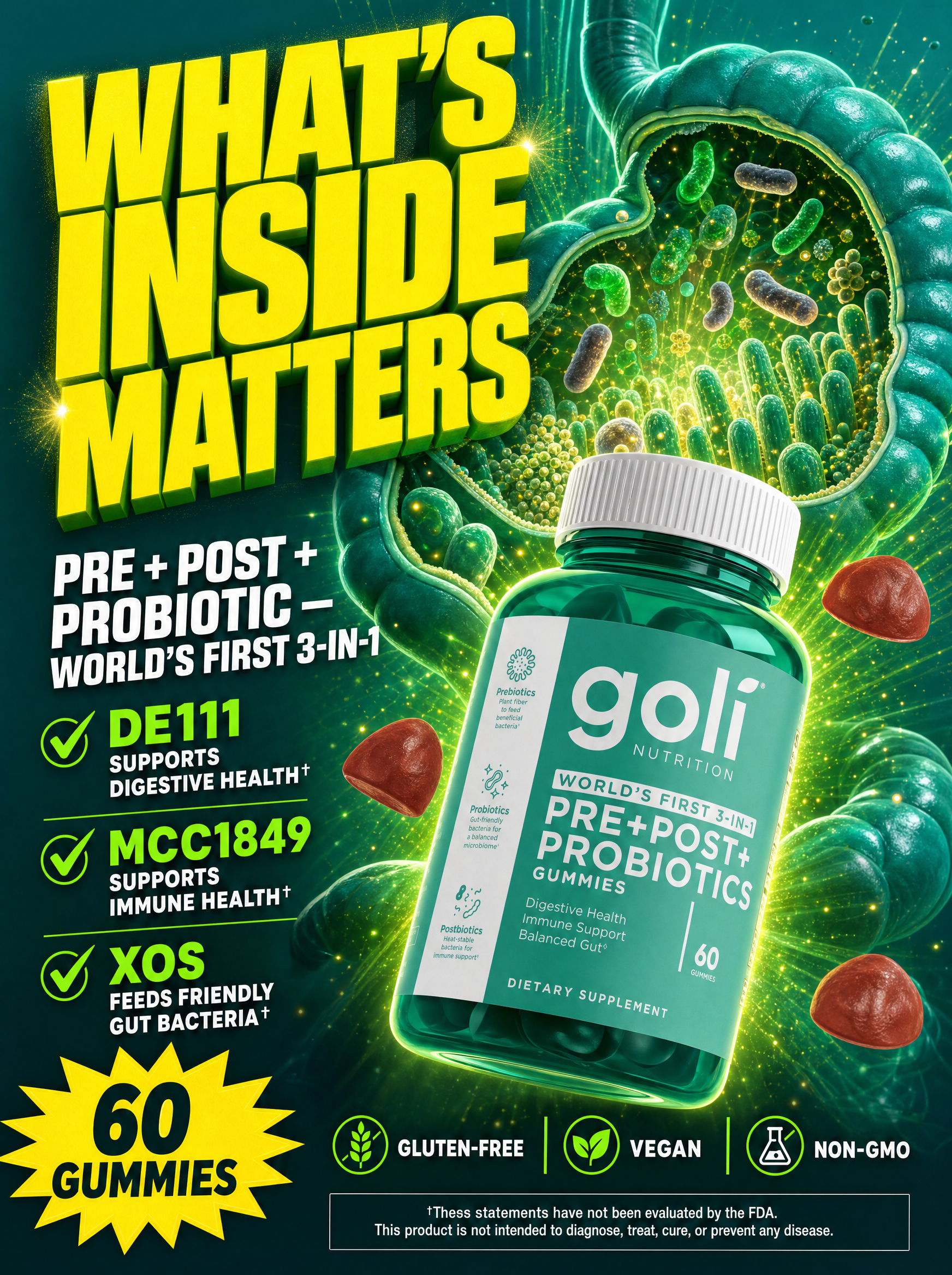 Goli Facebook ad: Three Biotics. One Gummy. World's First.