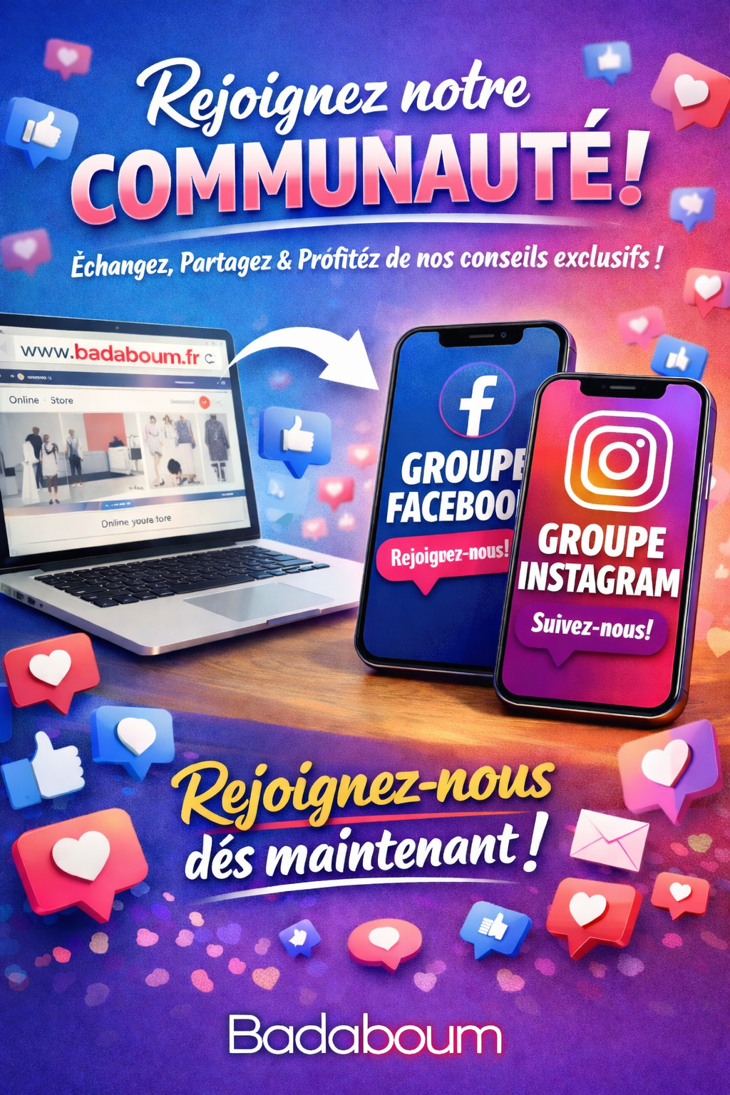 Badaboum: Le 1er Bazar Discount en Ligne Facebook ad: Rejoignez nous sur Facebook et Instagram