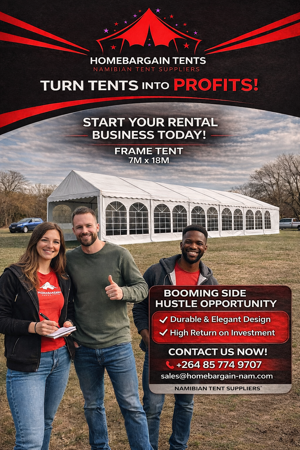 Home Bargain Tents - Namibia Facebook ad: 6mx12m Frame Tent
