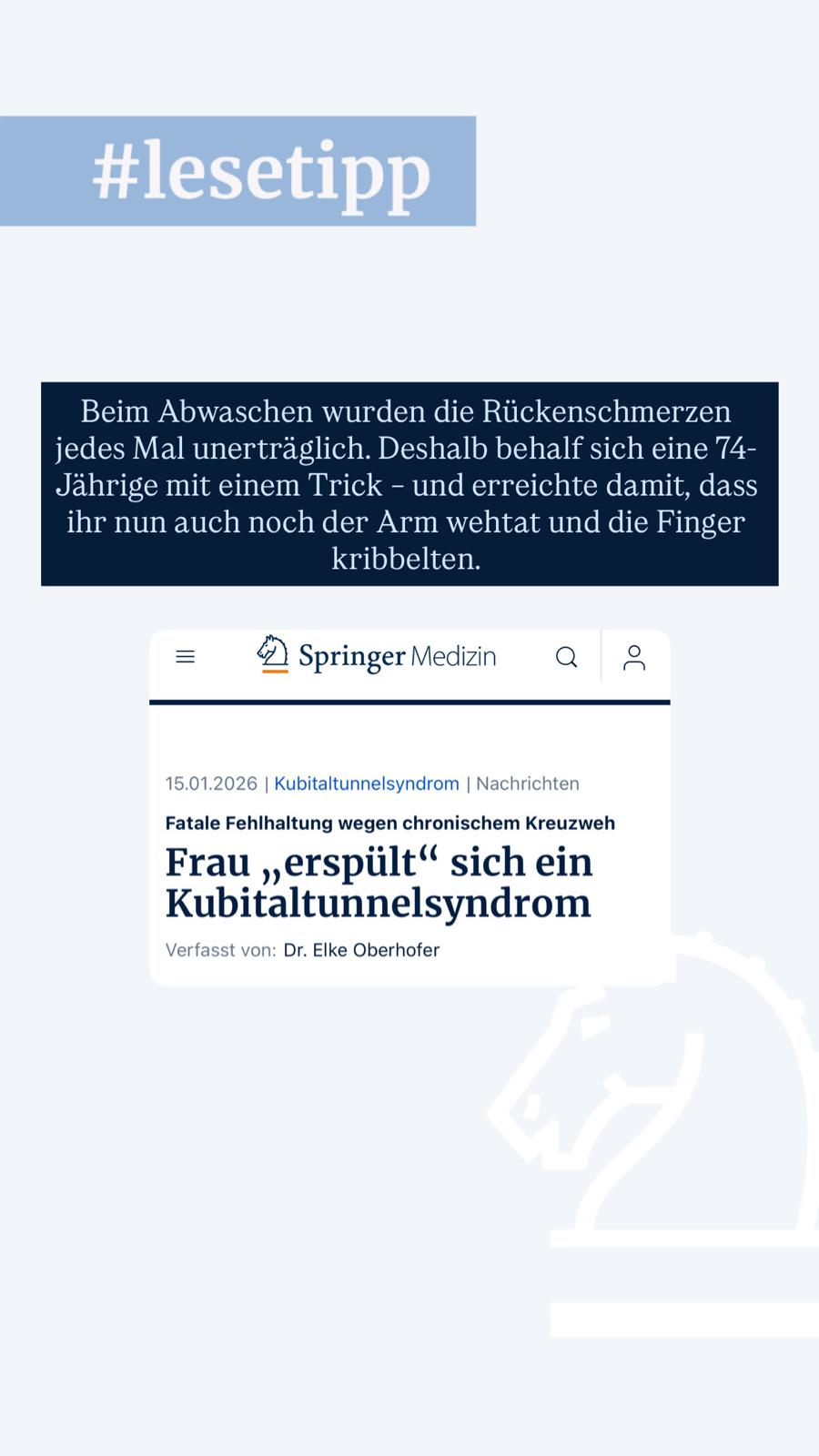 Springer Medizin Facebook ad: Frau erspült sich ein Kubitaltunnelsyndrom