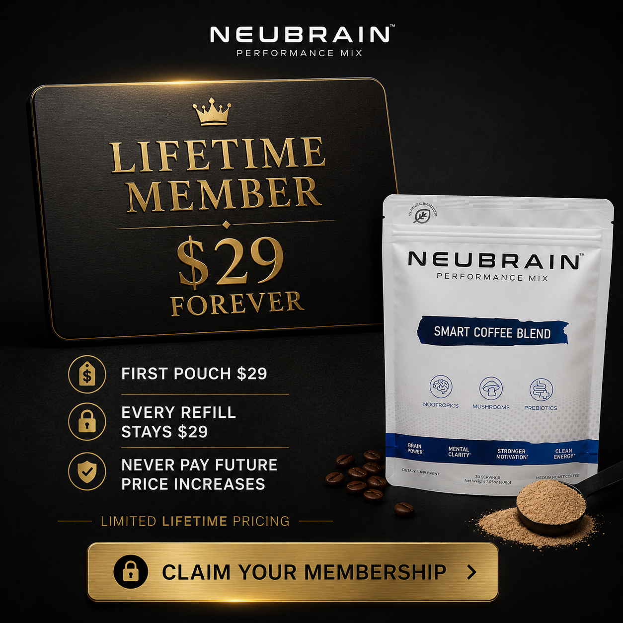 Mushroom Coffee Lovers Facebook ad: Lock In $29 Coffee For Life
