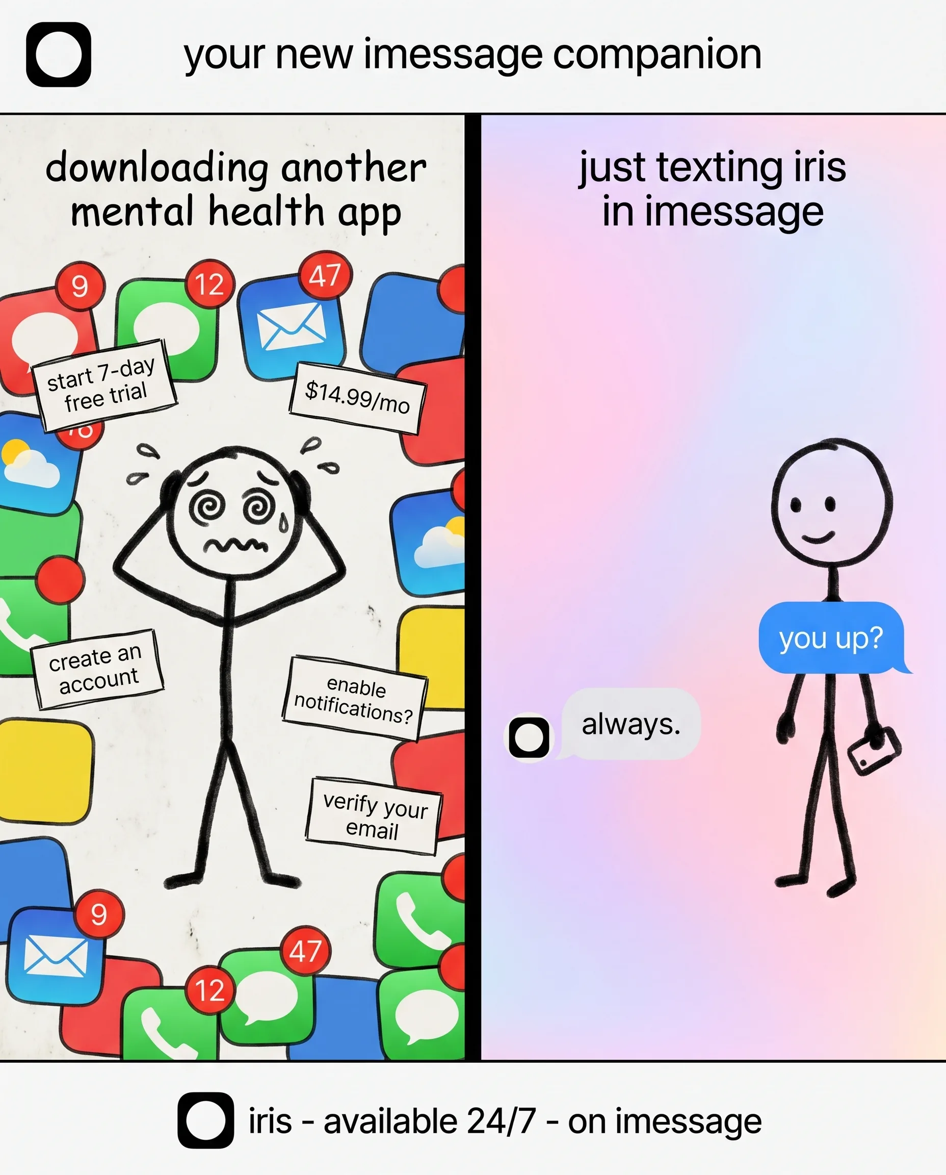 Iris Chat Facebook ad: stop downloading mental health apps