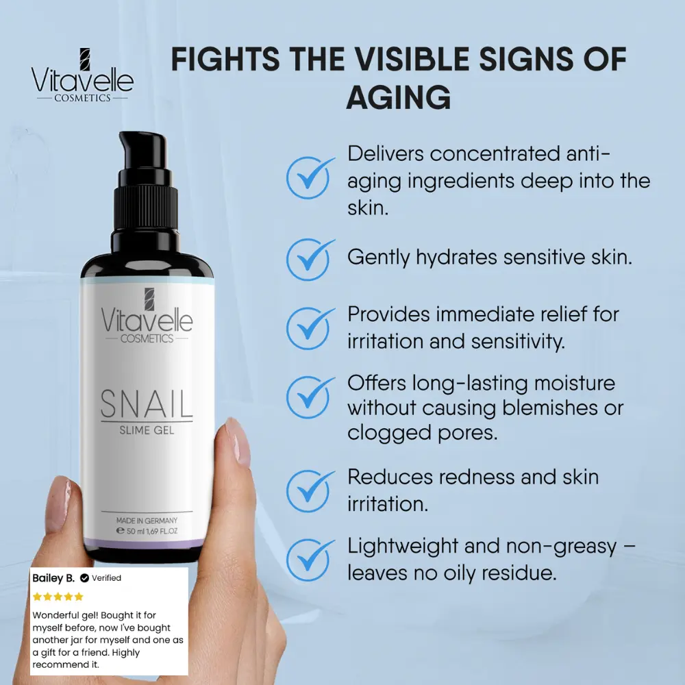 Health & Beauty Journal Facebook ad: 50% Off Vitavelle Snail Mucin Gel, Limited Time!