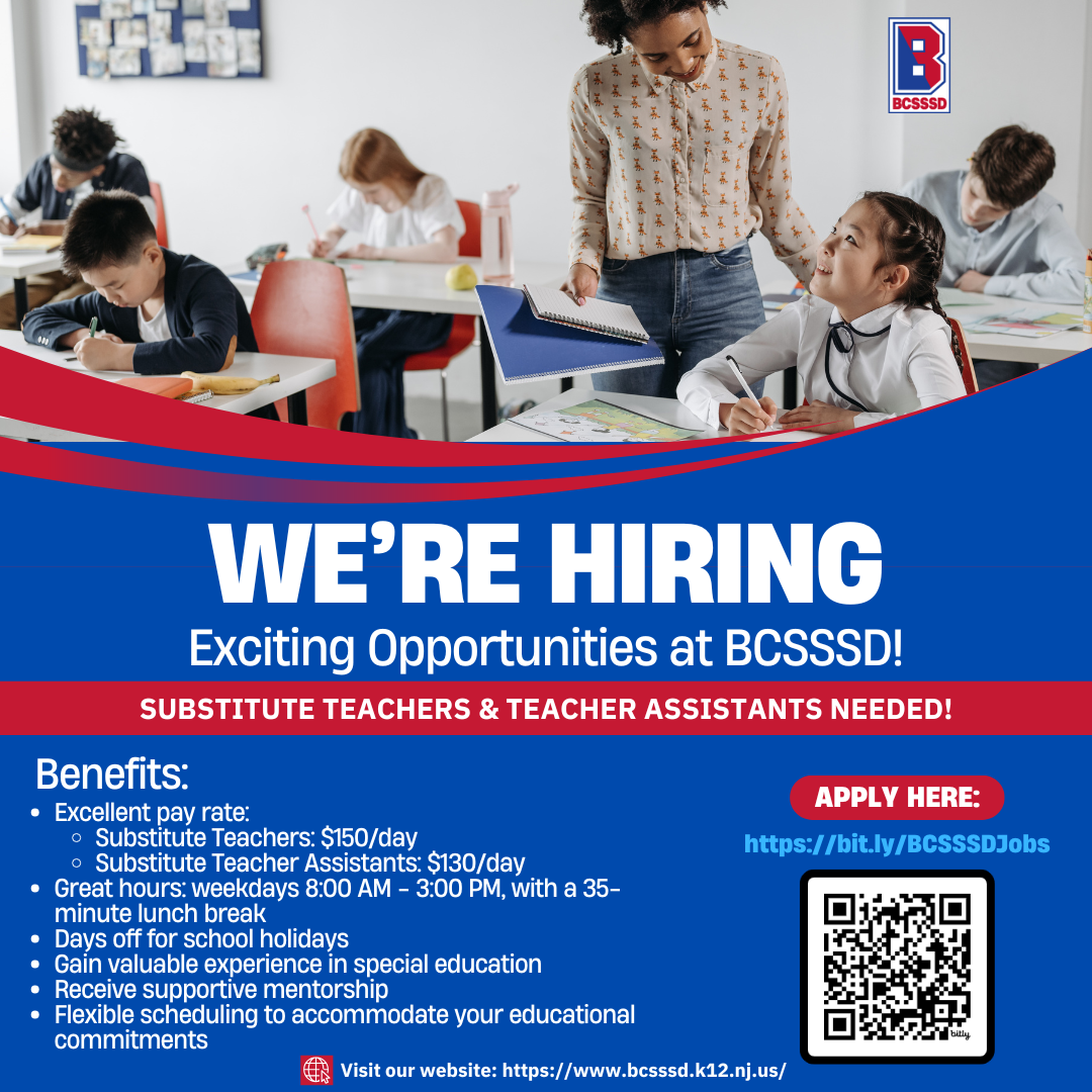 Burlington County Special Services School District Facebook ad: Now Hiring Teacher Assistants and Substitute Teachers!