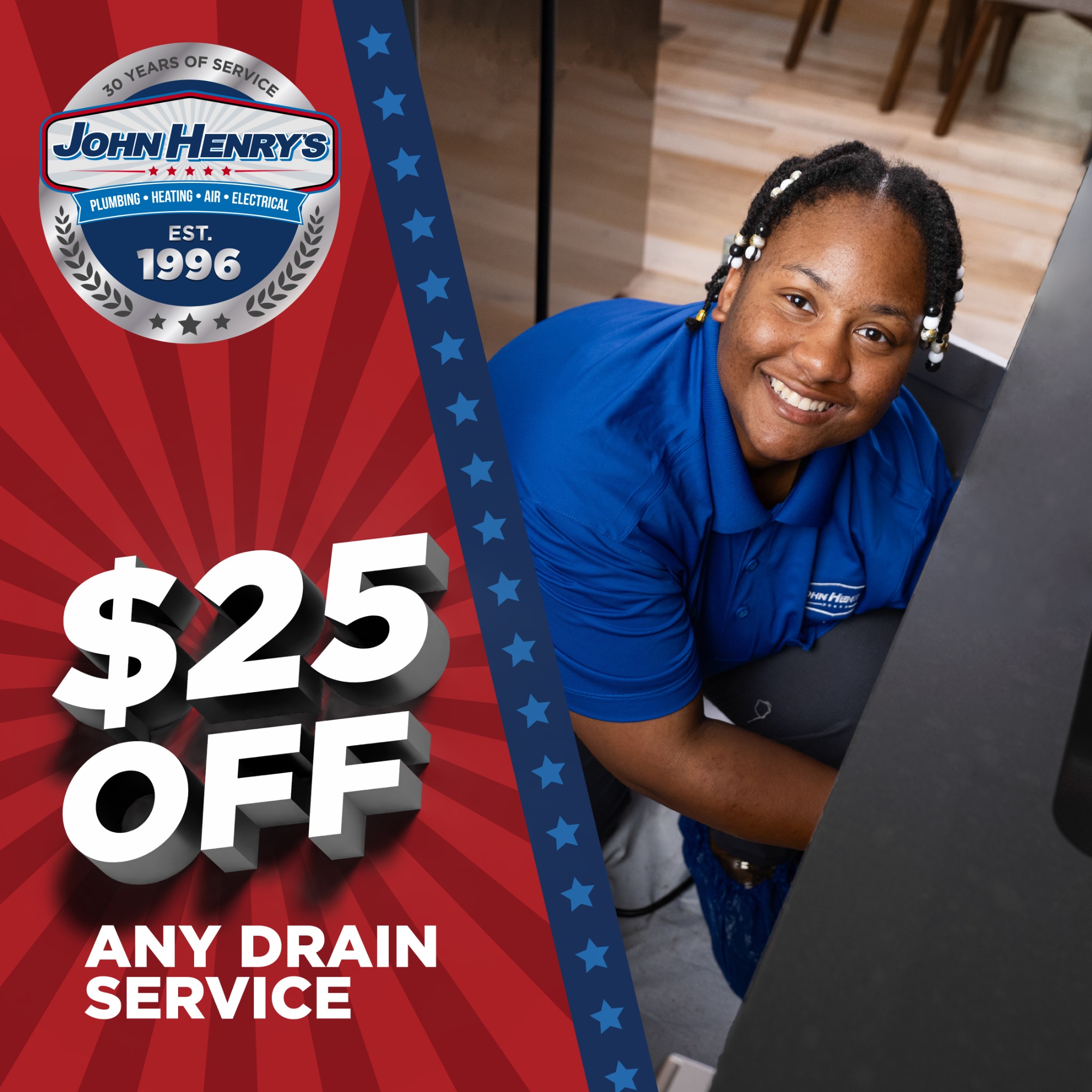 John Henry's Plumbing, Heating, Air, and Electrical Facebook ad from Jul 1, 2026