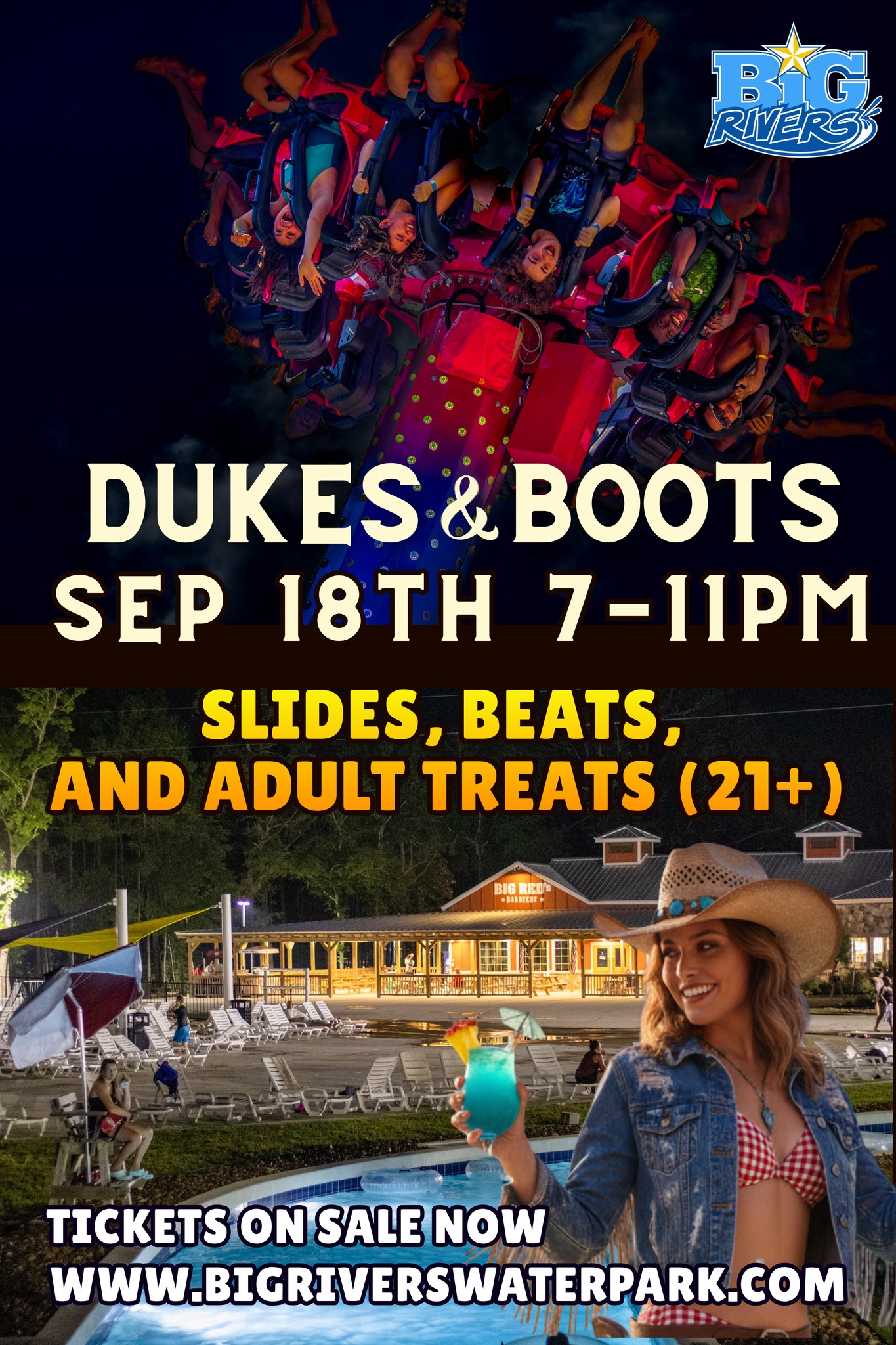 Big Rivers Waterpark & Adventures Facebook ad: Dukes & Boots (21+) - Big Rivers Water Park