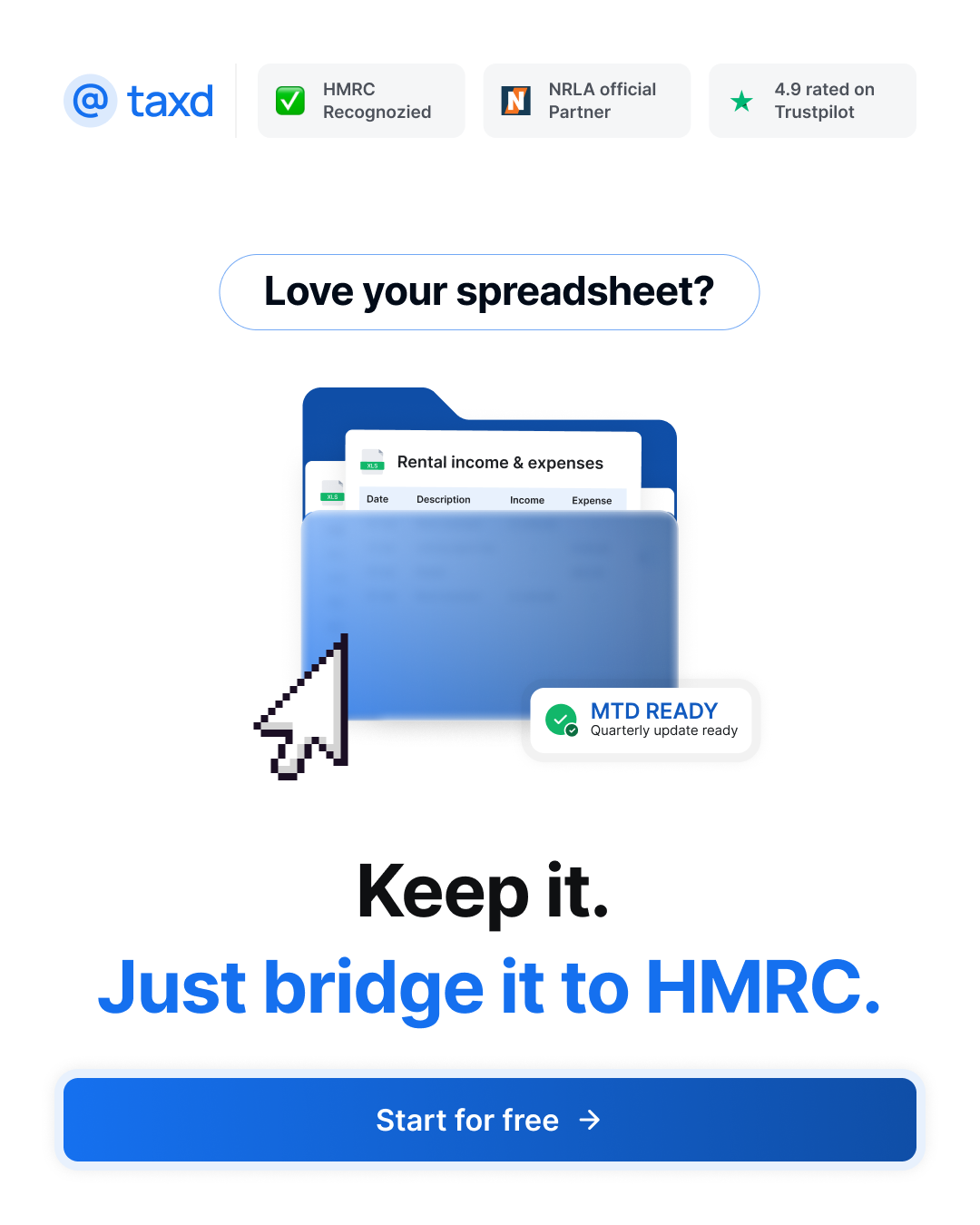 Taxd Facebook ad: Keep Your Spreadsheet for MTD
