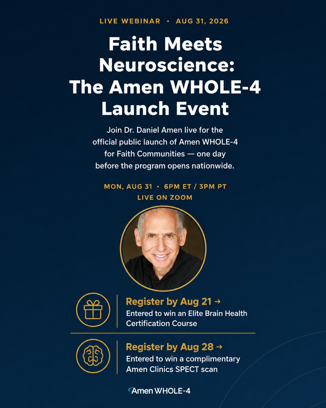 Amen University Facebook ad: Faith Meets Neuroscience, The Amen WHOLE-4 Launch Event