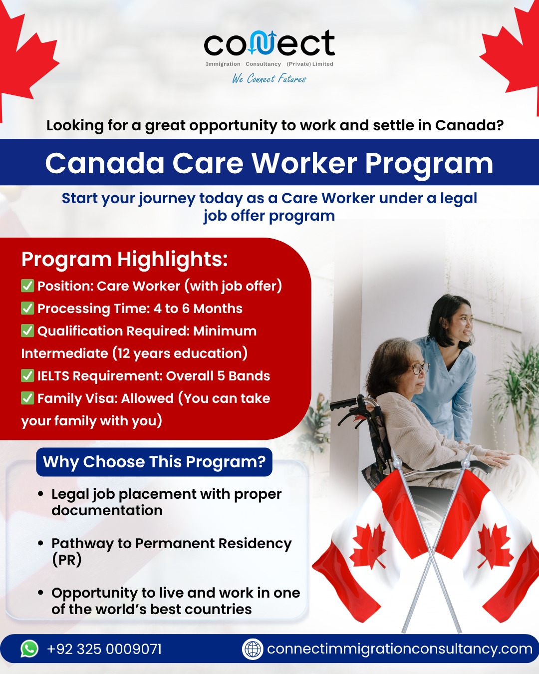 Connect Immigration Consultancy Facebook ad: Canada Is Hiring Care Workers, Apply Now!