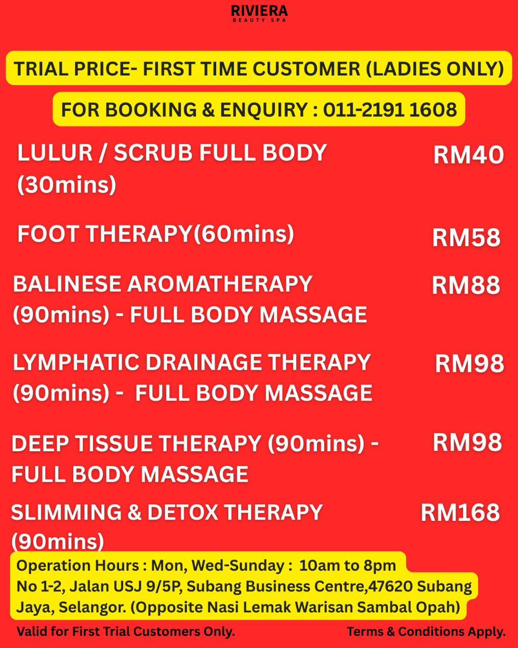Riviera Beauty Spa Facebook ad: FIRST TIME TRIAL PROMOTION, LADIES ONLY