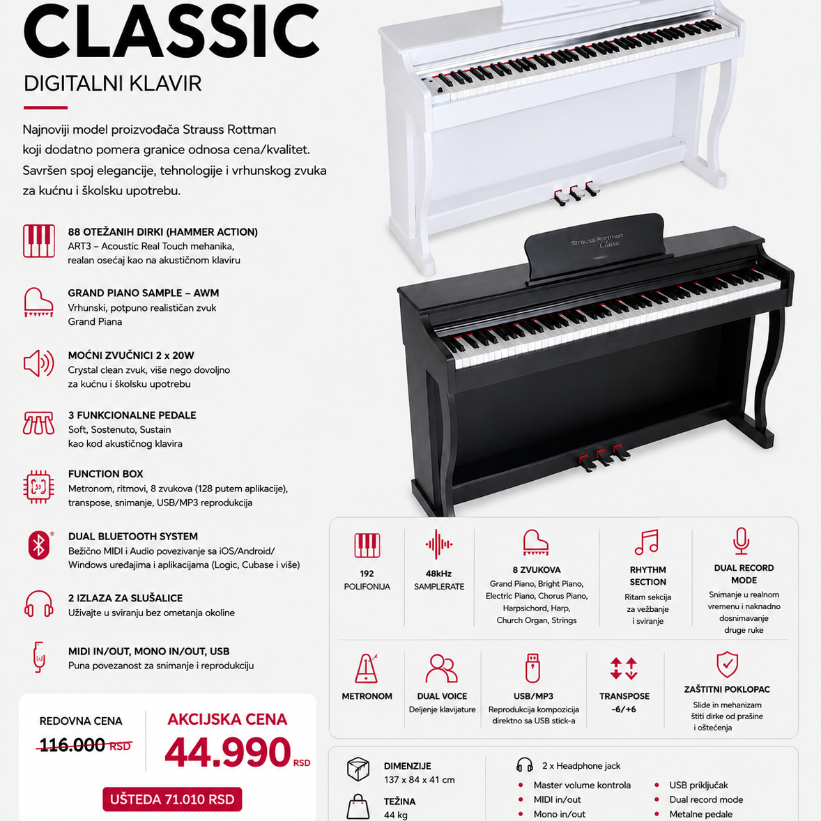 MusicStop Facebook ad: Strauss Rottman Classic, digitalni klavir sa 88 otežanih…