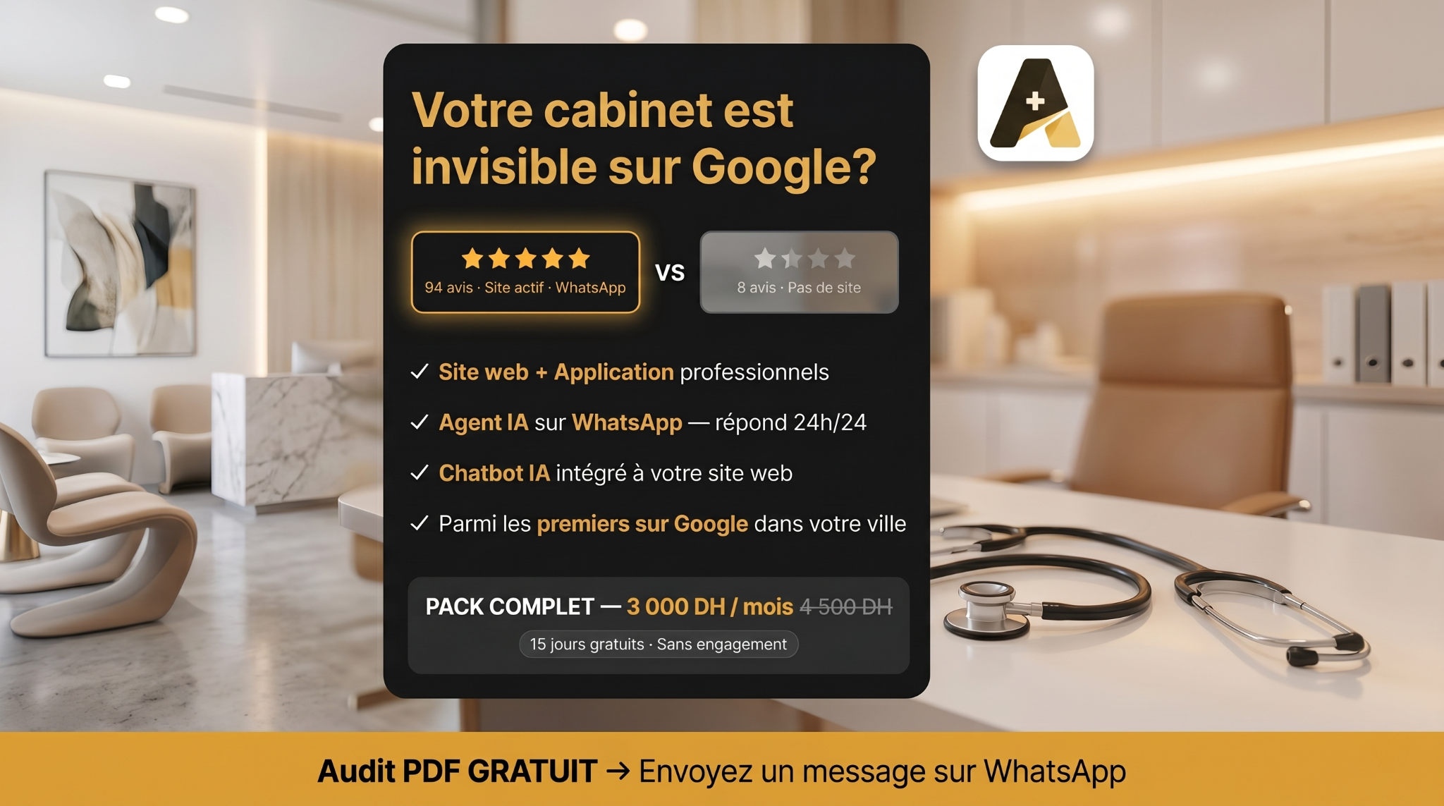 AzerPlus Solutions Facebook ad: Votre cabinet, visible sur Google dès ce mois