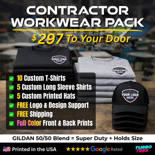 Turbo Tees Facebook ad: Contractor Workwear Pack, $297 to your door