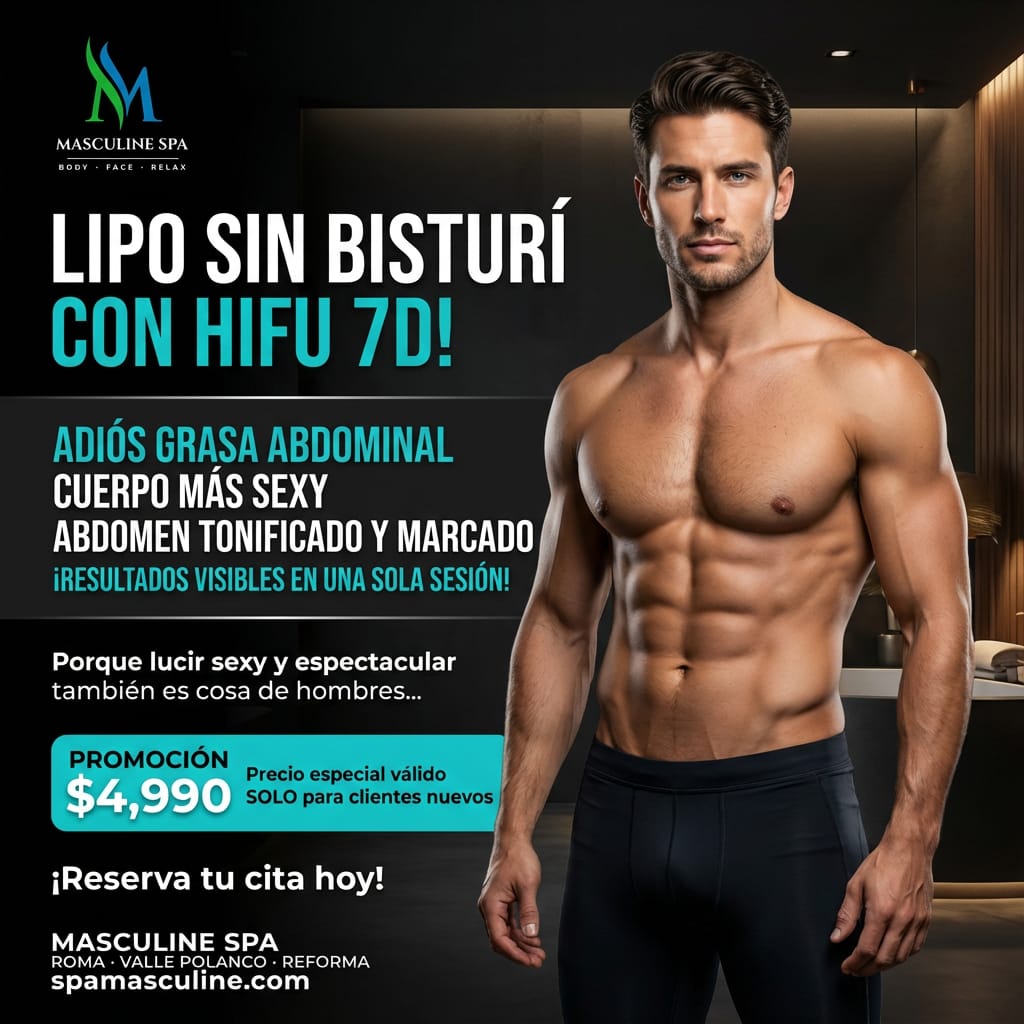 Masculine Spa Parque Hundido Facebook ad: Adiós grasa, hola abdomen marcado