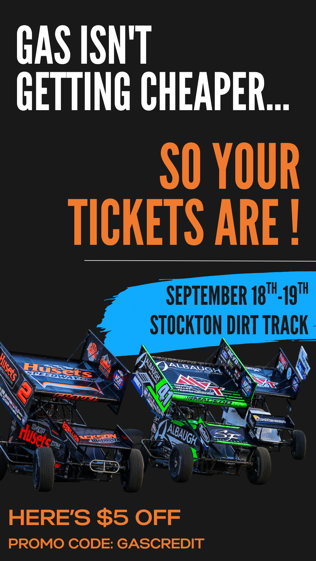 World of Outlaws Sprint Car Series Facebook ad: Anyone want a FREE GALLON OF GAS?!