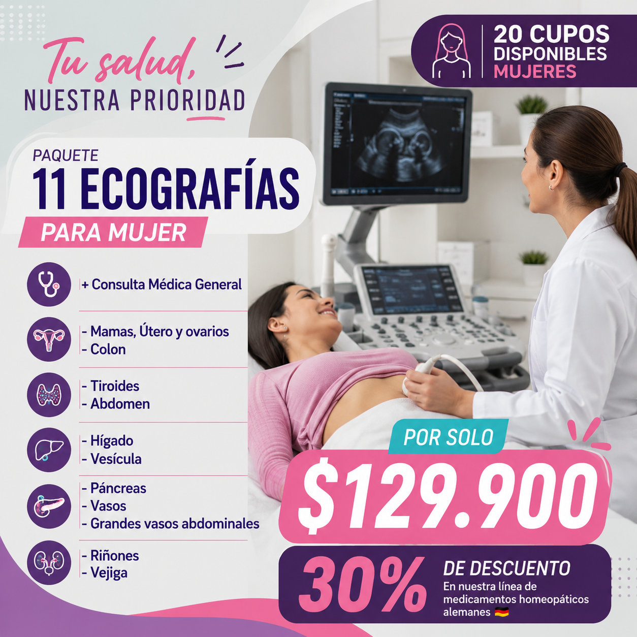 Farmacia Homeopática Alemana Vital Farme Facebook ad: 11 Ecografías + Consulta por $129.900