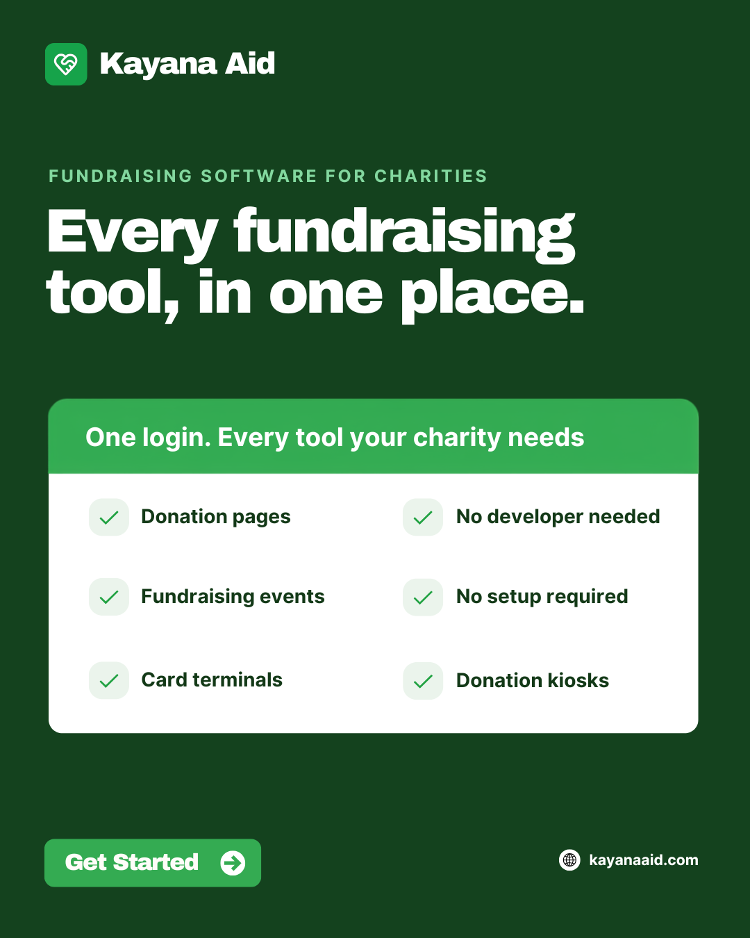 Kayana Aid Facebook ad: Every Fundraising Tool. One Login.