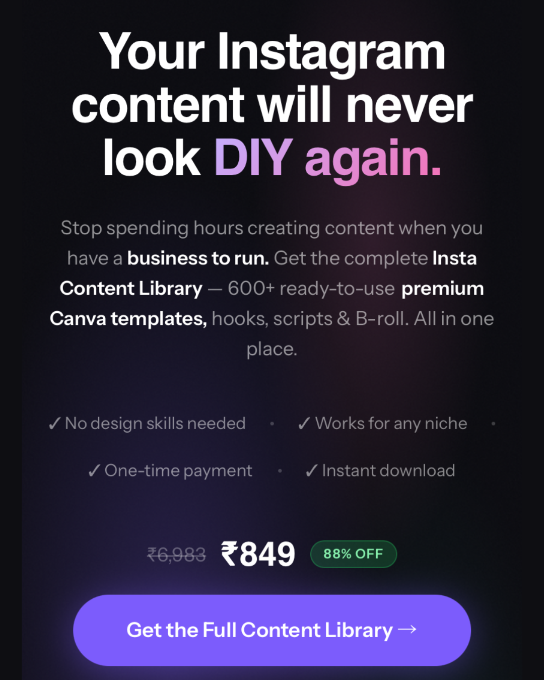 The Growth Craft Facebook ad: 600+ Instagram templates for ₹849, lifetime access