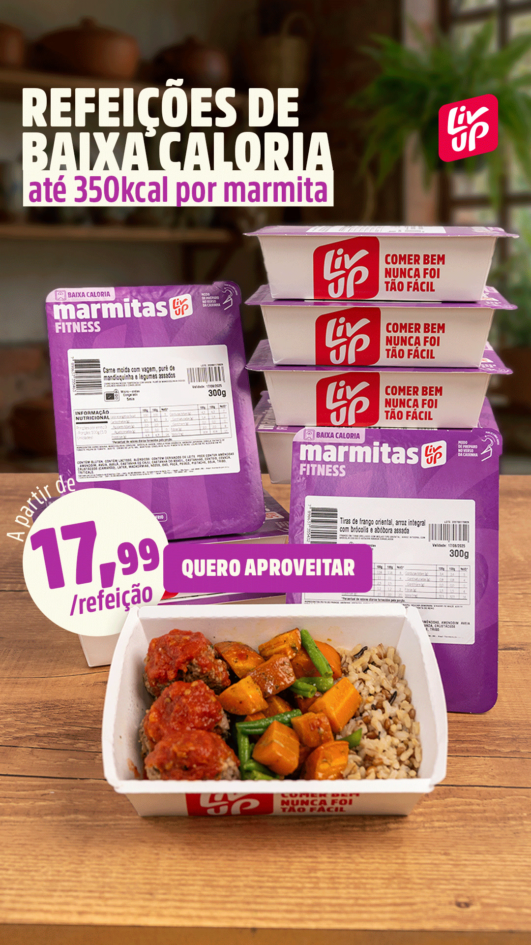 Liv Up Facebook ad: Menos calorias, mais praticidade.