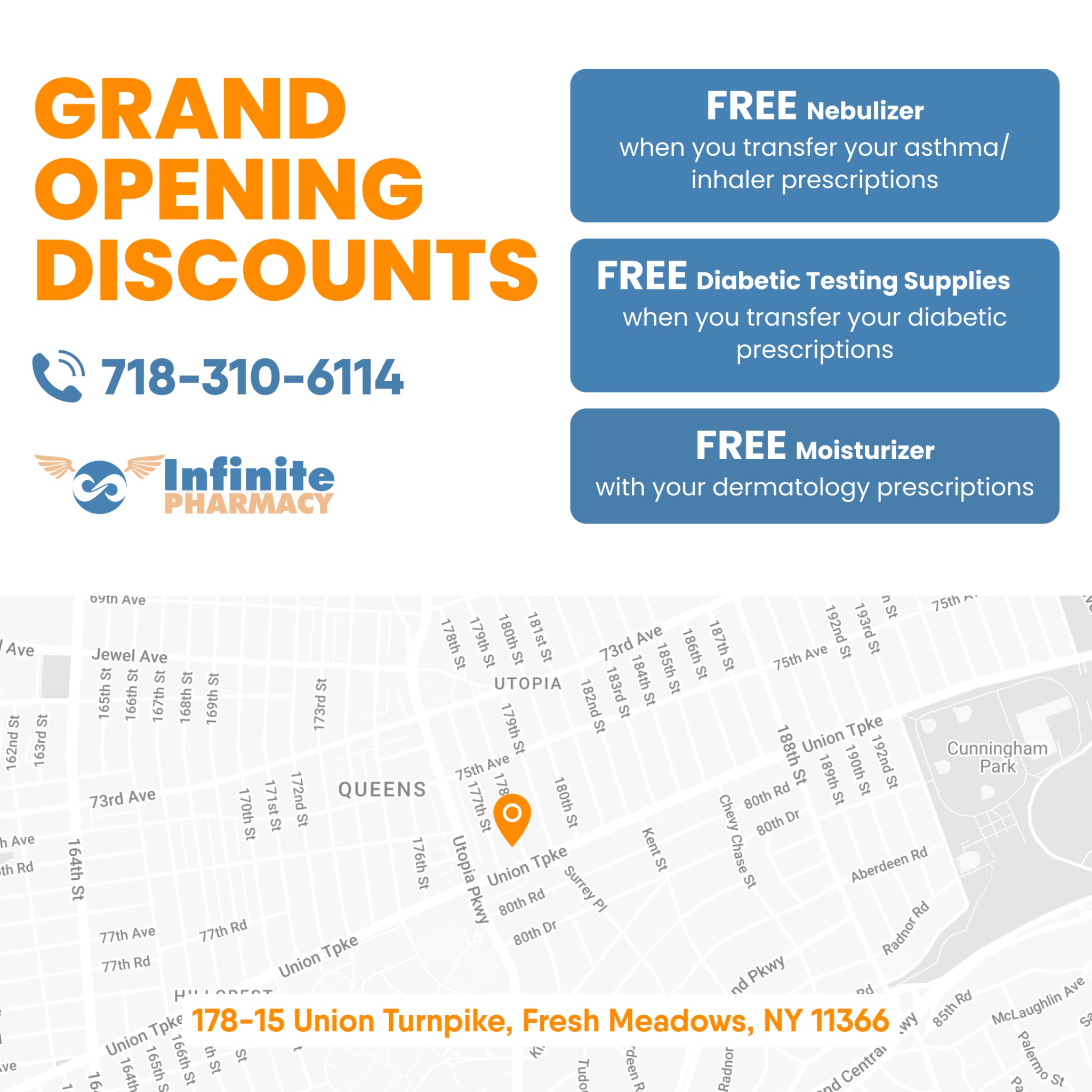 Infinite Pharmacy Facebook ad: Join the Infinite Pharmacy family in Fresh Meadows!