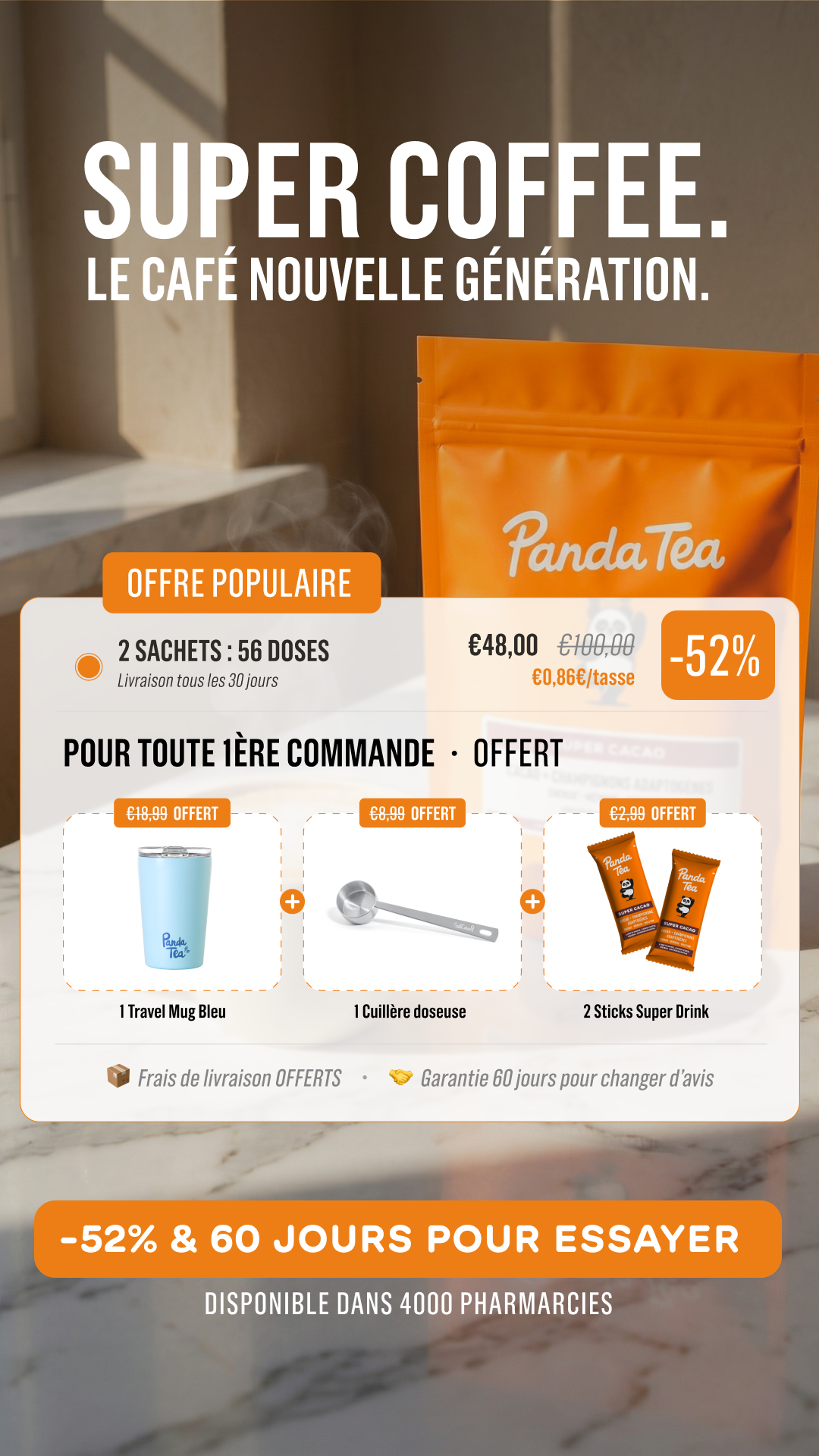 Panda Tea Facebook ad: Super Coffee - Café aux champignons adaptogènes - Panda Tea