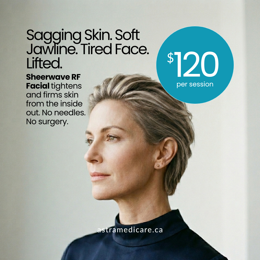 Astra Medicare Medical Aesthetics Clinic Facebook ad: Firmer skin. No needles. $120.