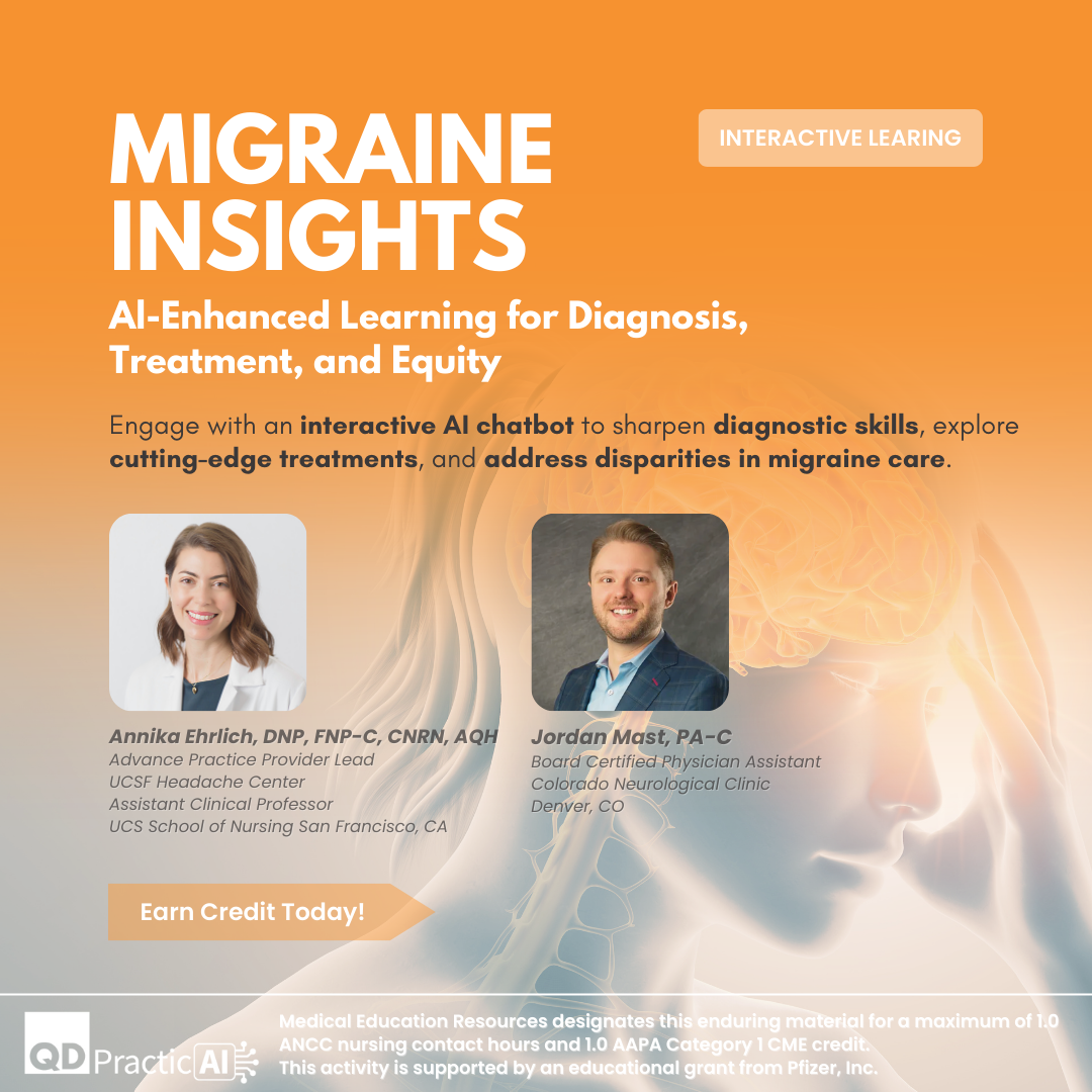 QDcme Facebook ad: AI-Powered Migraine CME for NPs & PAs