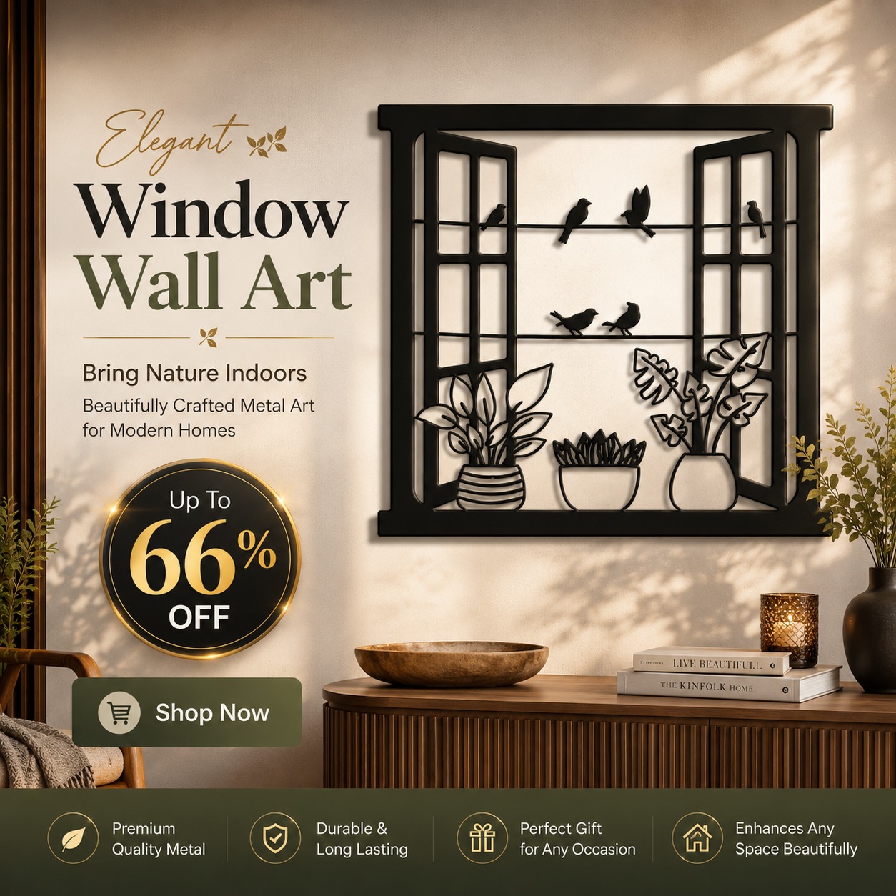Decor n dreams Facebook ad: Elegant Metal Window Garden Wall Art, Premium Black &…