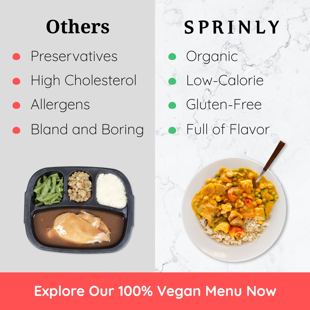 Sprinly Facebook ad: Organic Plant-Based Meals Delivered To You