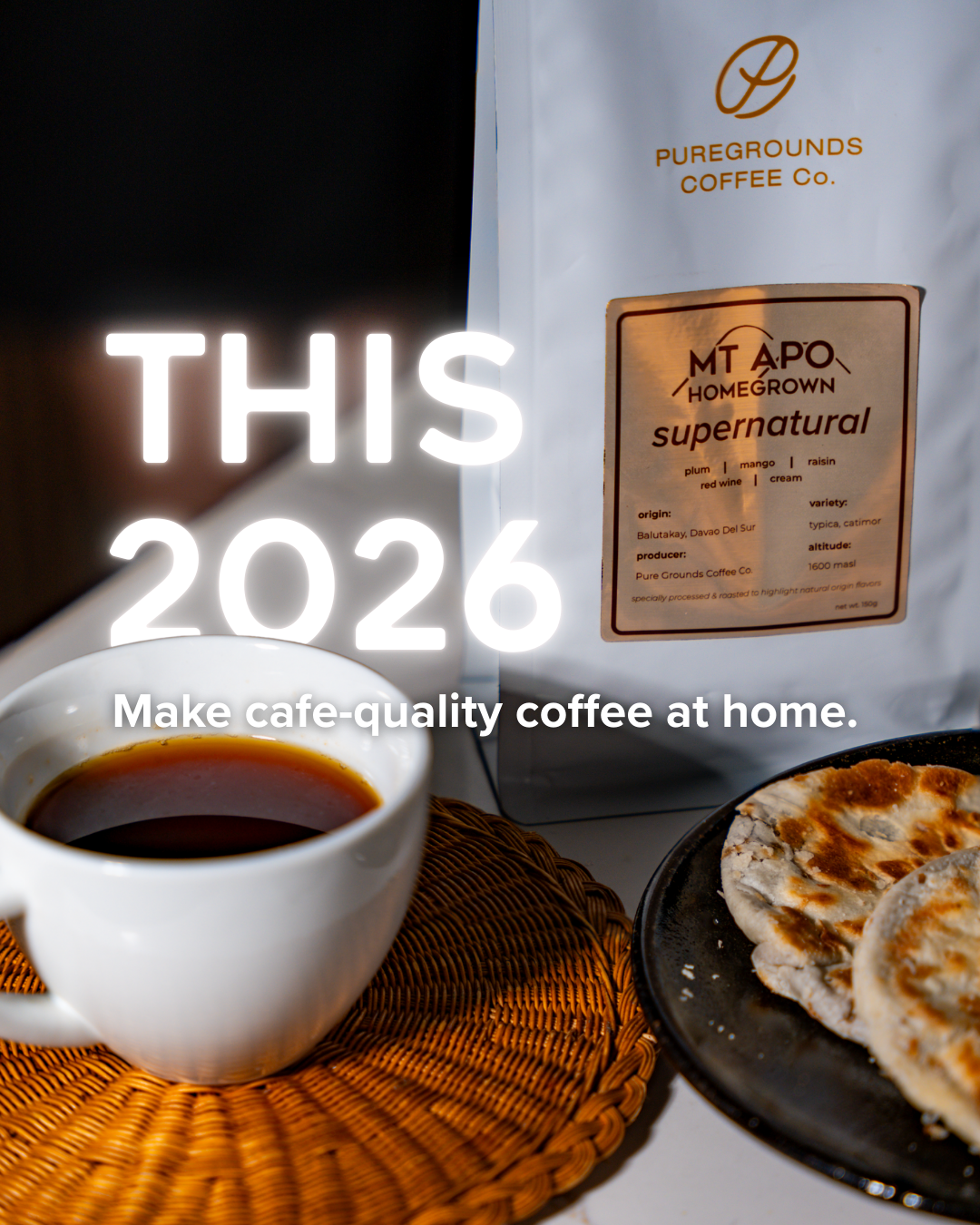 Pure Grounds Coffee Co. Facebook ad: Use voucher HOMEGROWN for ₱100 OFF First Order