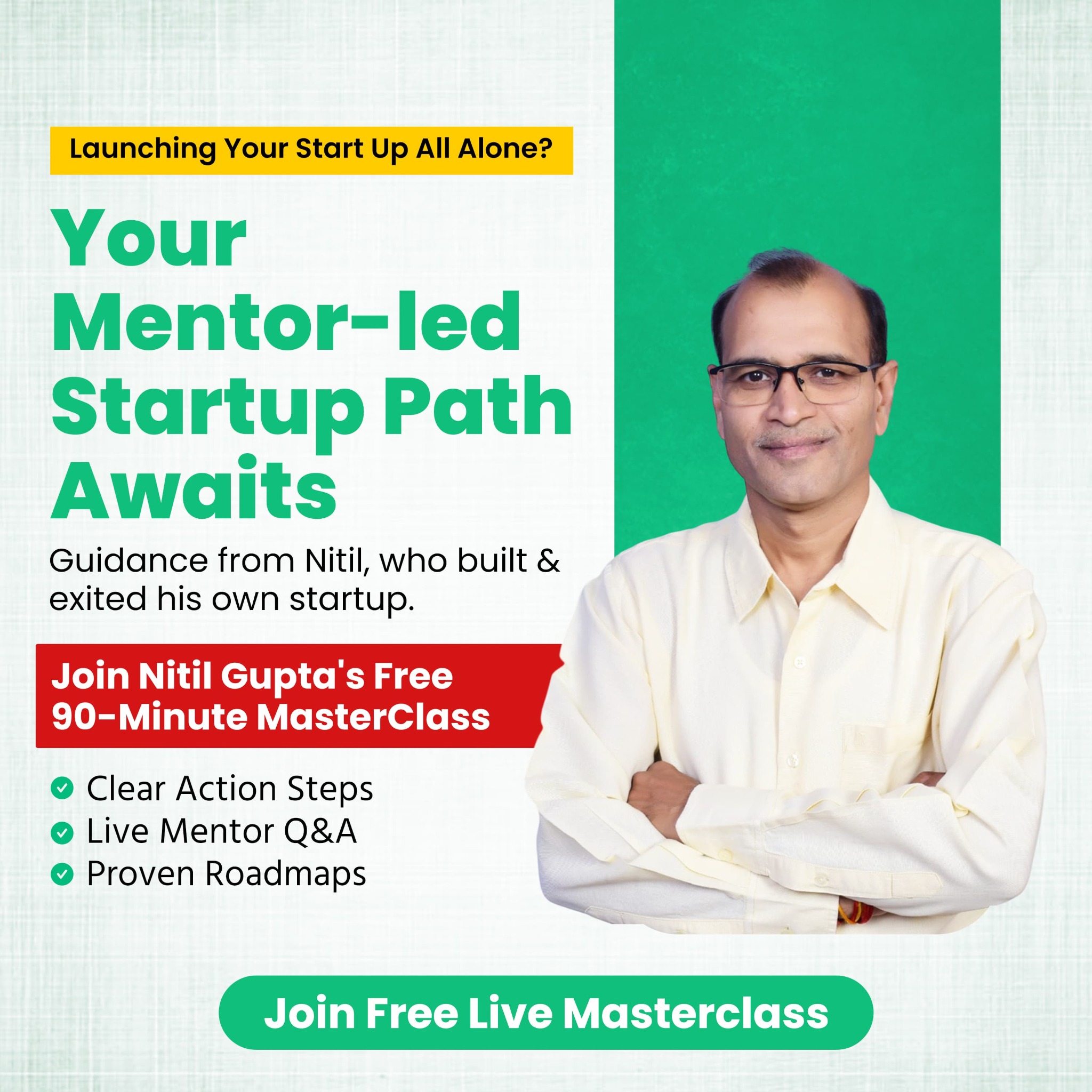 Startup Coach Nitil Facebook ad: Launch Your Startup Without Elite Networks