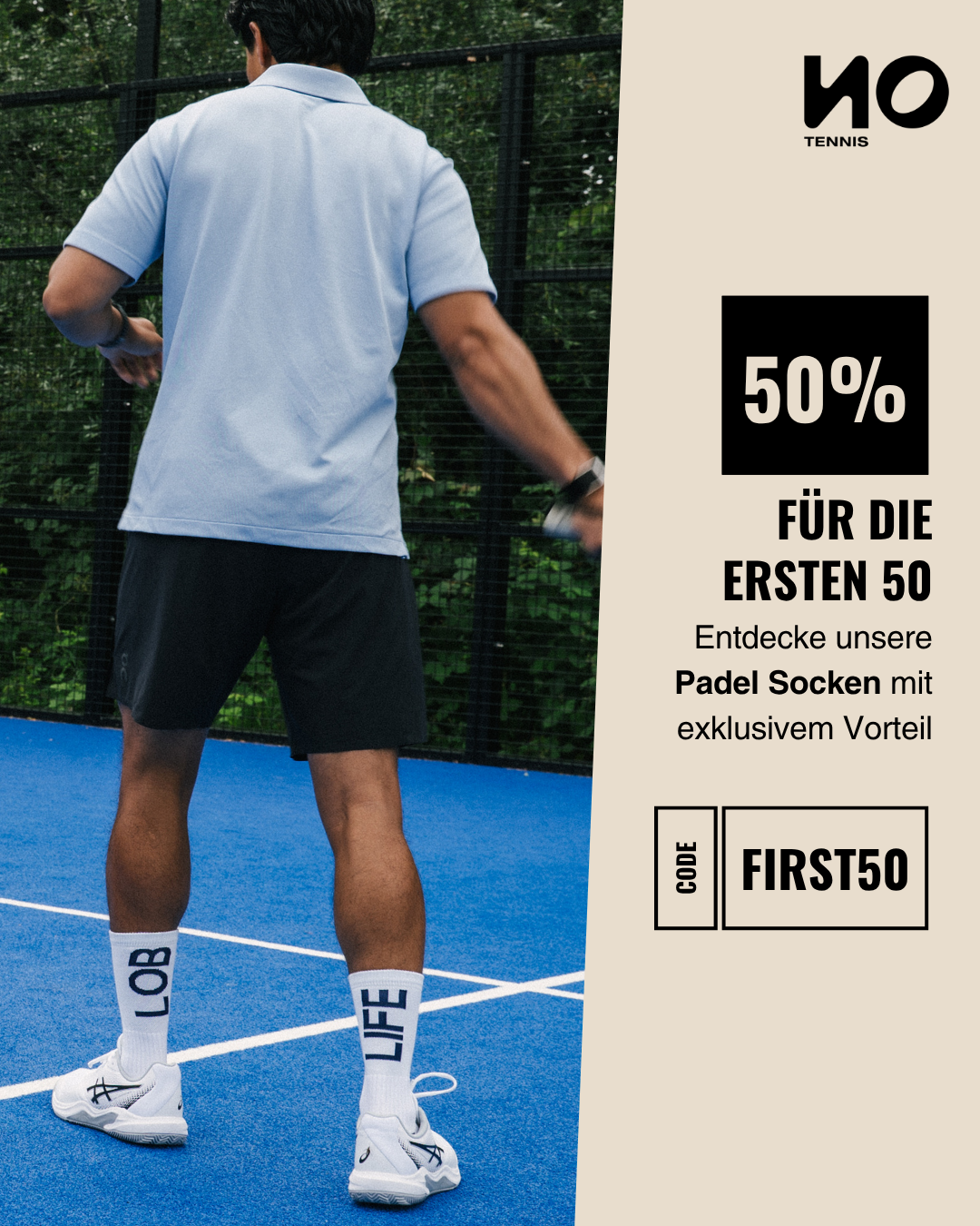 NoTennis.court Facebook ad: 50% für die ersten 50, Code: FIRST50